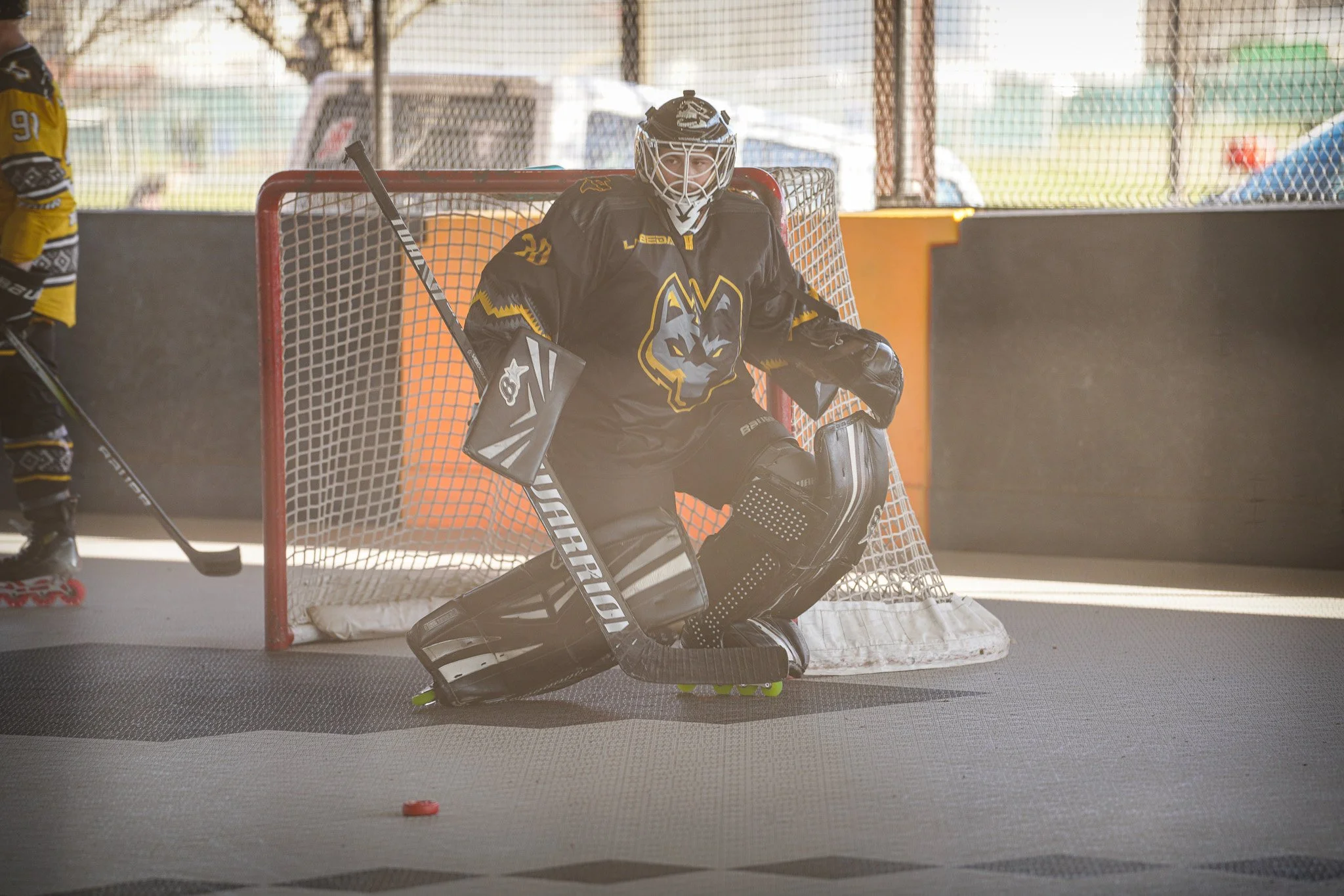 Hockey goalie in black jersey with a wolf logo, kneeling in front of net inside rink with orange and grey walls, holding a goalie stick, wearing protective gear including helmet, gloves, and leg pads, on roller hockey skates.