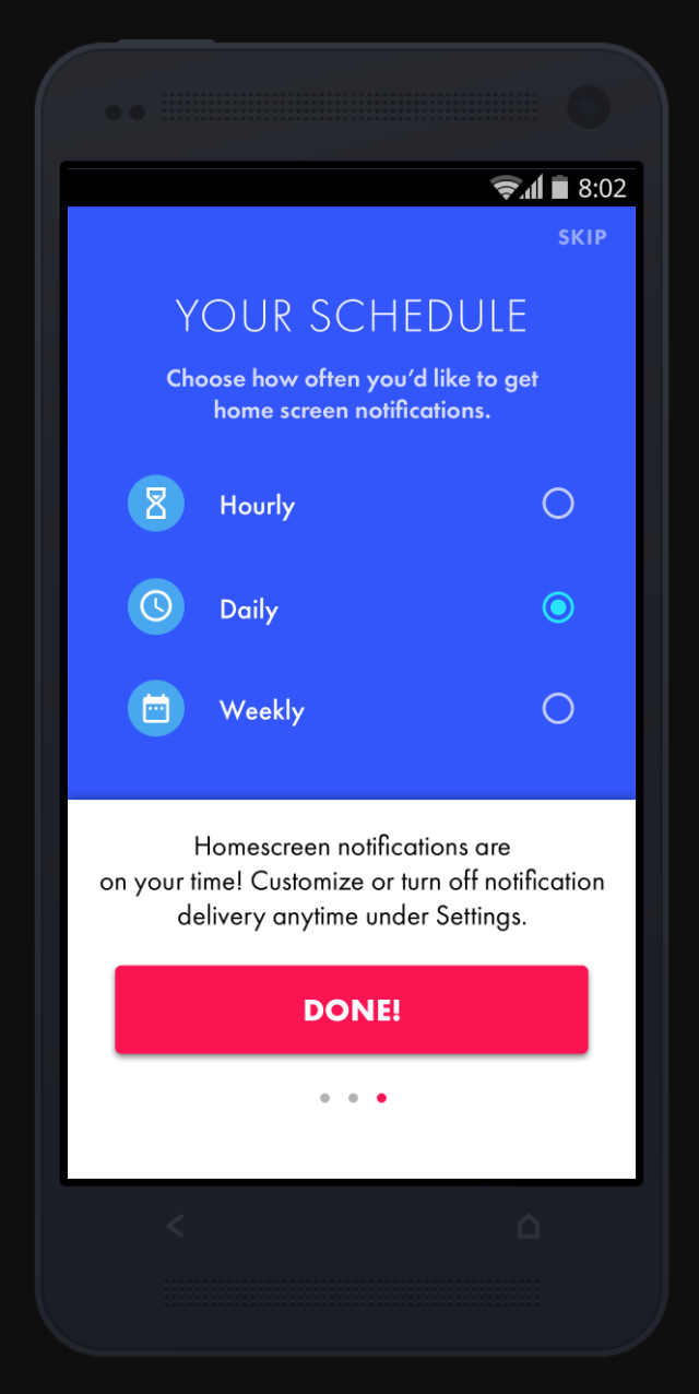 This design specifically speaks to learning how often users would like content delivered. This was a client design, and helped educate client and company that more thought and clarity needed to be put into delivery settings.