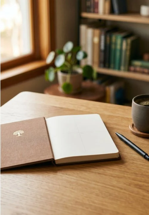 Open notebook on wooden desk with pen, coffee cup, and potted plant in background.
