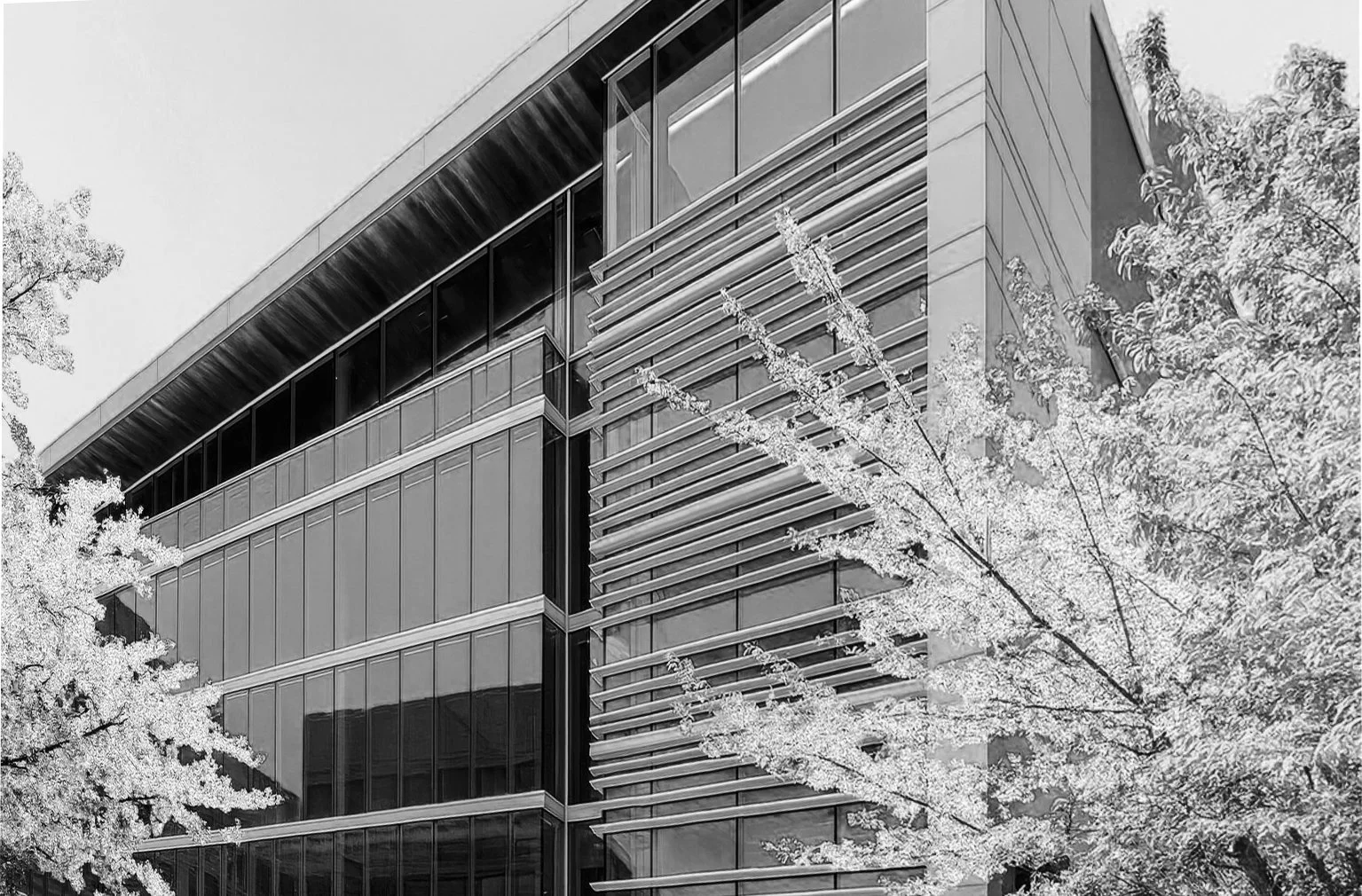Modern multi-story building with glass windows and decorative horizontal metal louvers on the exterior, surrounded by trees.