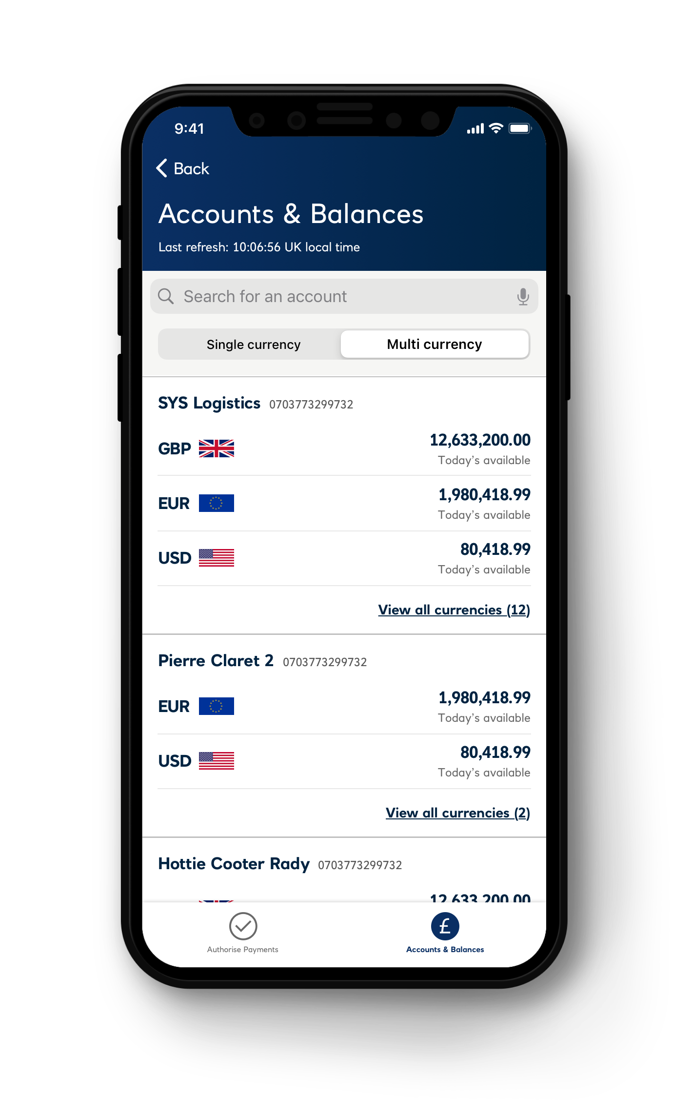 Accounts landing page for single multiple accounts