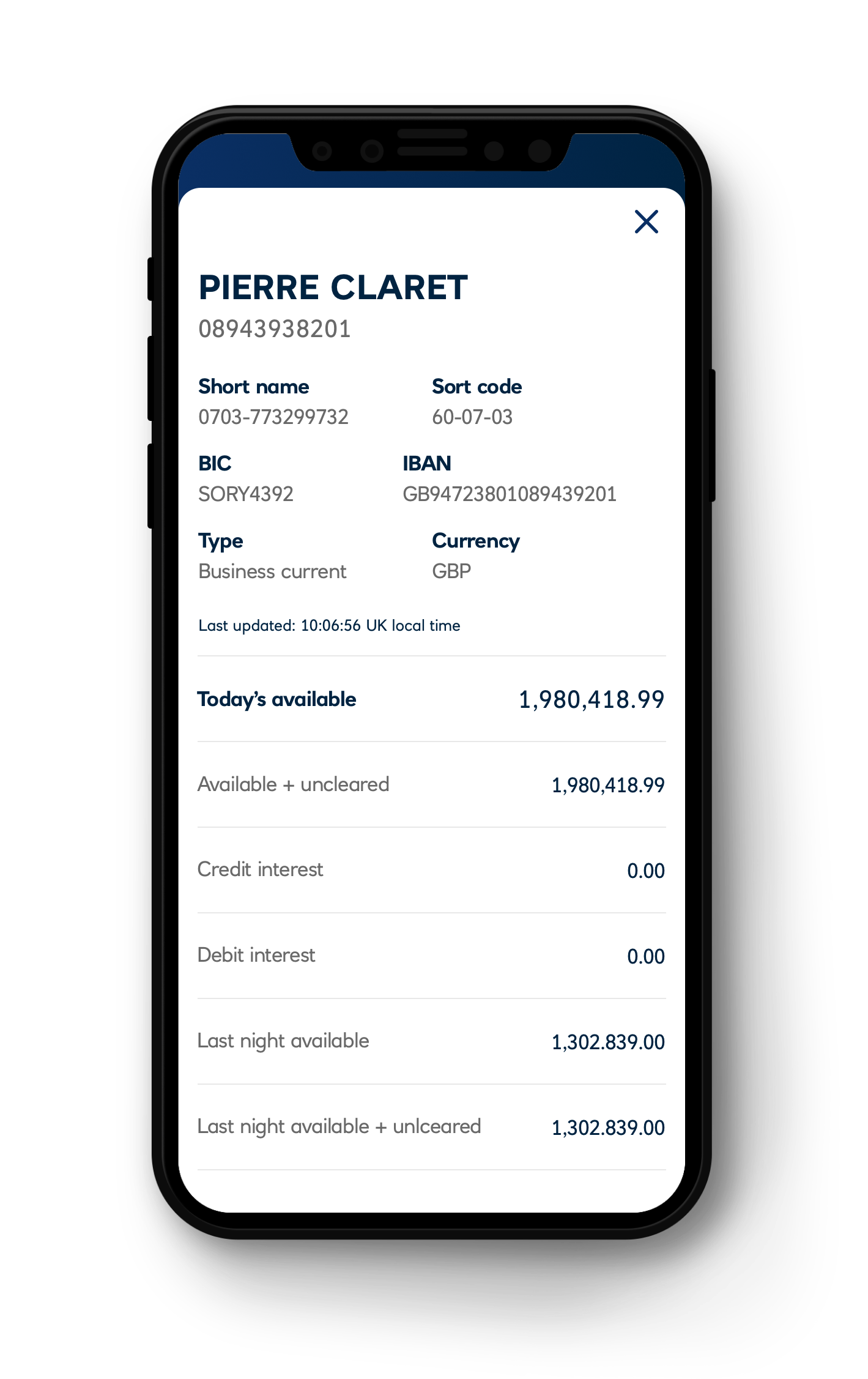 Single currency account details screen