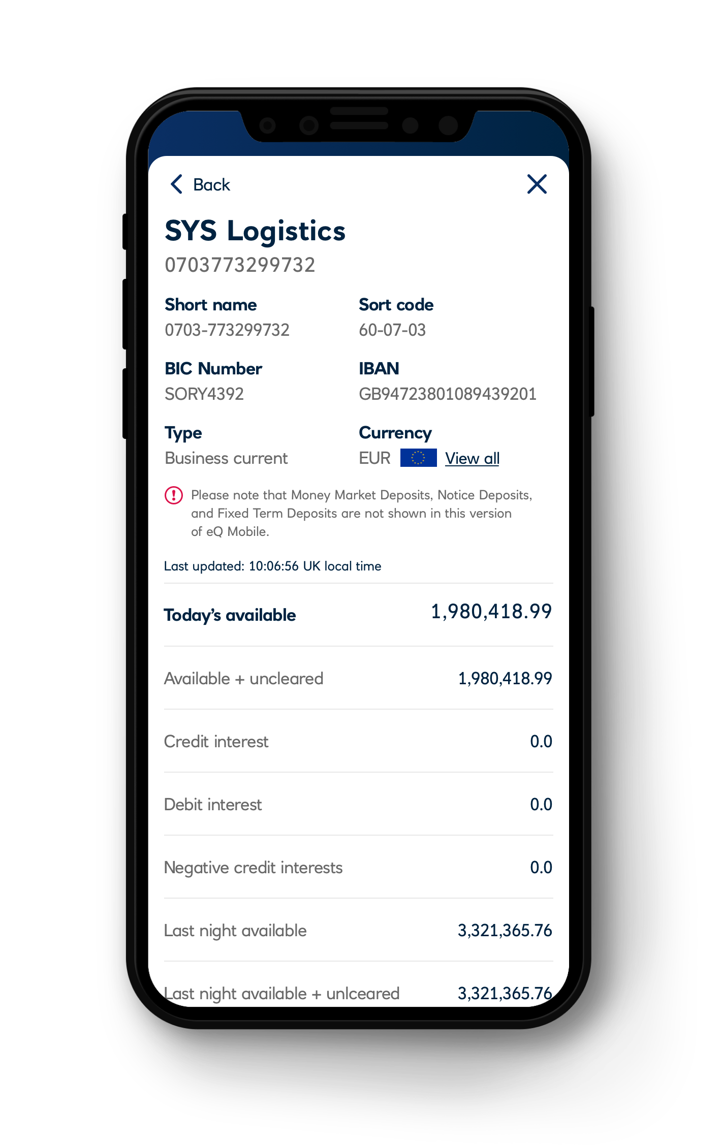 Multi currency (one currency selected) account details screen