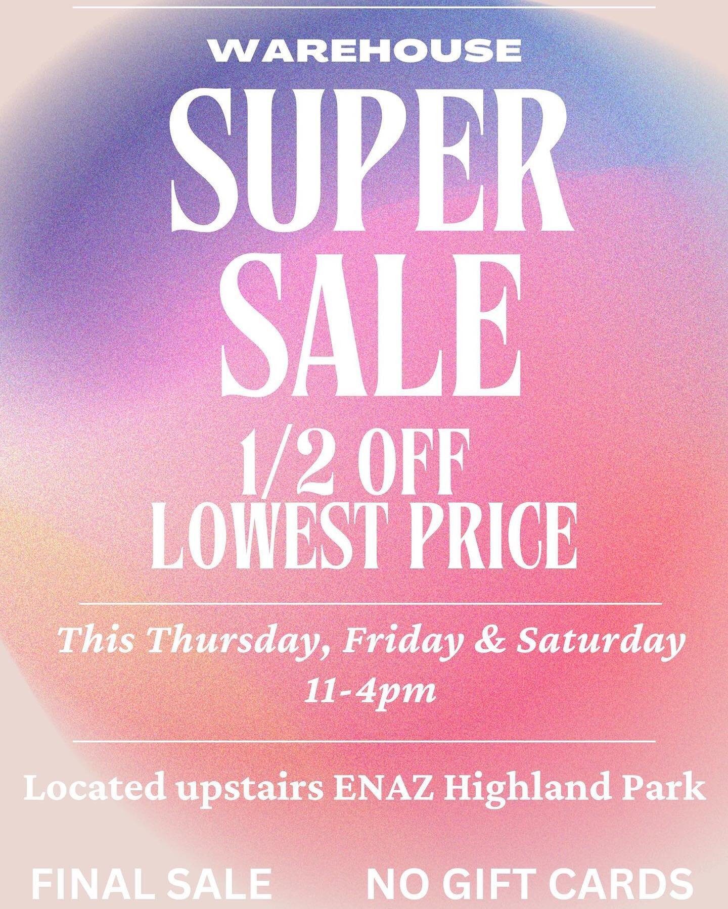 Now through Saturday, come out and join local boutique,&nbsp;@enazboutique, in Downtown Highland Park at the Warehouse Super Sale! Located upstairs at ENAZ Highland Park, take half off the lowest price of items!

#clothingboutique&nbsp;#boutique&nbsp