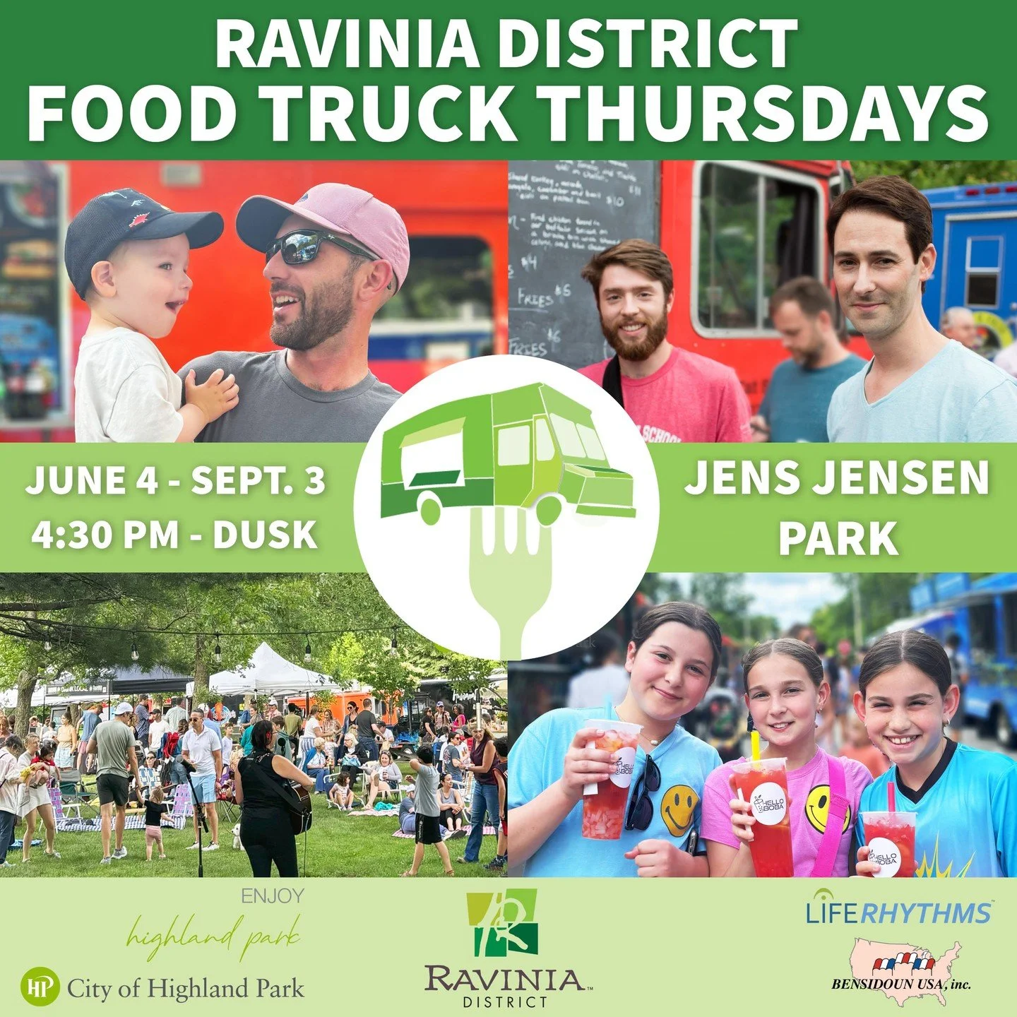 Save the Date 🍴🚚✨

Food Truck Thursdays are back in the Ravinia District this summer!

📅 Thursdays, June 4 &ndash; September 3
🕟 4:30 PM &ndash; Dusk
📍 Jens Jensen Park

Join us for warm summer nights filled with great food, live music, and comm