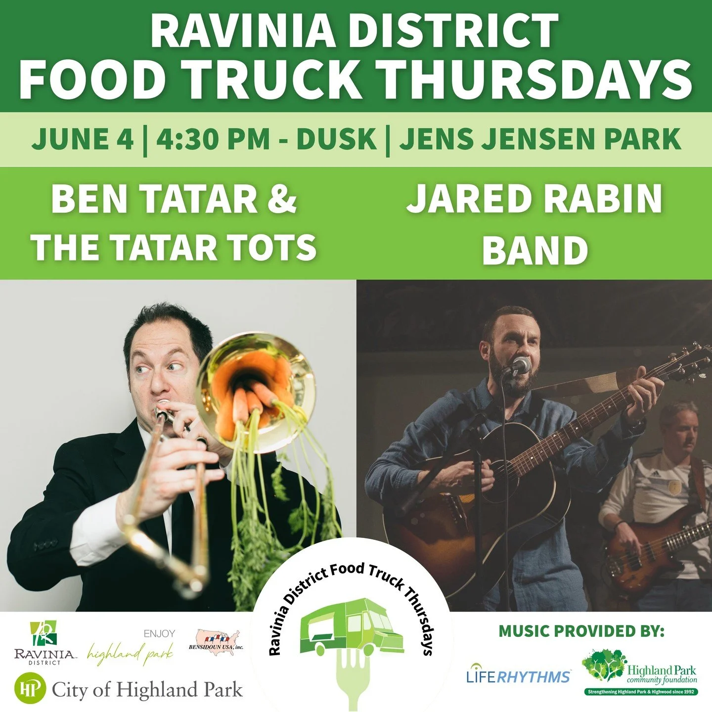 TONIGHT&rsquo;S THE NIGHT!

Food Truck Thursdays officially kicks off tonight at Jens Jensen Park and we can&rsquo;t wait to welcome everyone back for another summer in the Ravinia District.

Tonight&rsquo;s live music lineup:
🎸 Ben Tatar &amp; The 