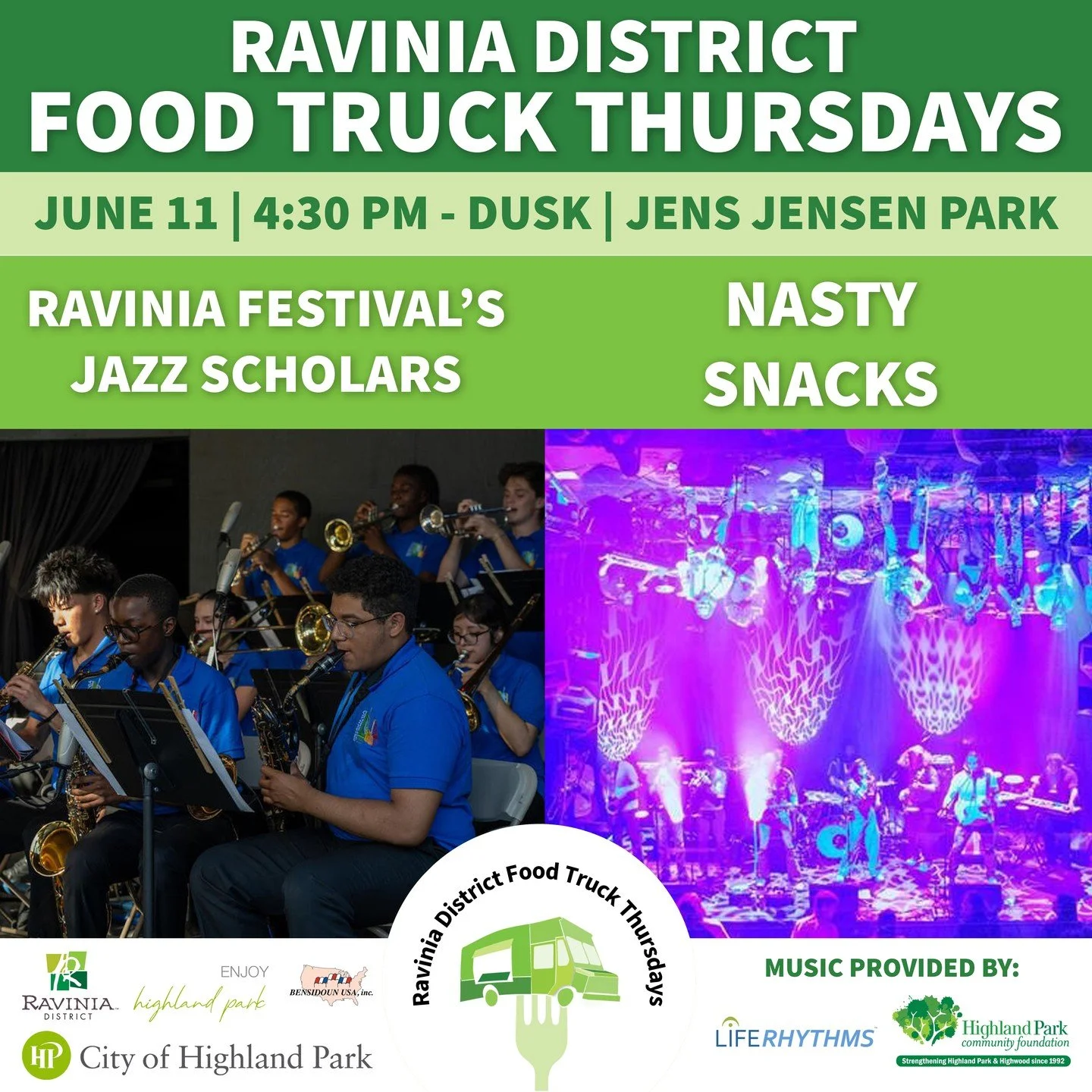 Join us this Thursday for another Food Truck Thursday in the Ravinia District.

This week&rsquo;s live music lineup features:
🎷 Ravinia&rsquo;s Festival Jazz Scholars
🎸 Nasty Snacks

Come enjoy an evening of food trucks, live music, and summer comm
