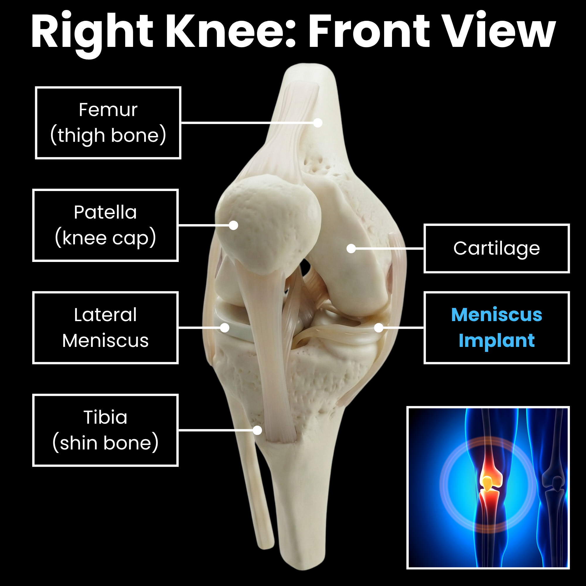 Diagram of a right knee showing the femur, patella, lateral meniscus, tibia, cartilage, and a meniscus implant, with labels and a small inset image of a knee joint.
