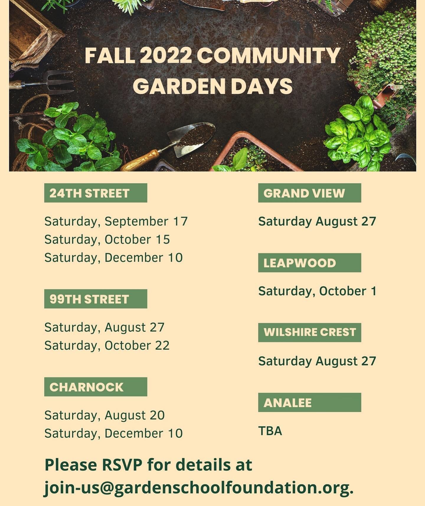 Community Garden Days are back!! Check out the new fall schedule for GSF sister sites. Email us at join-us@gardenschoolfoundation.org for more info 🌱