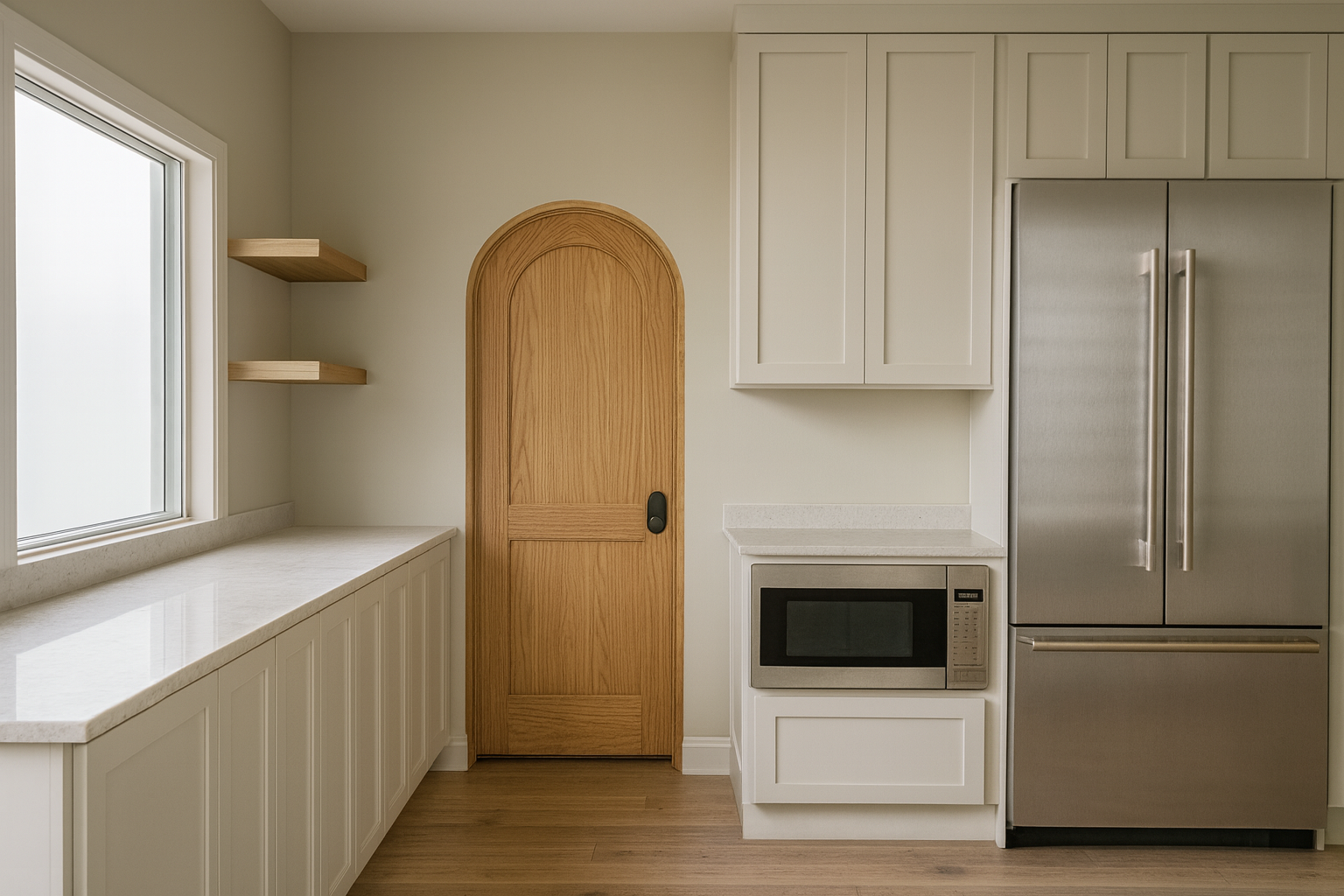 Minimalist kitchen corner with white cabinets, a stainless steel refrigerator, microwave, a wooden door, and floating wooden shelves near a window.