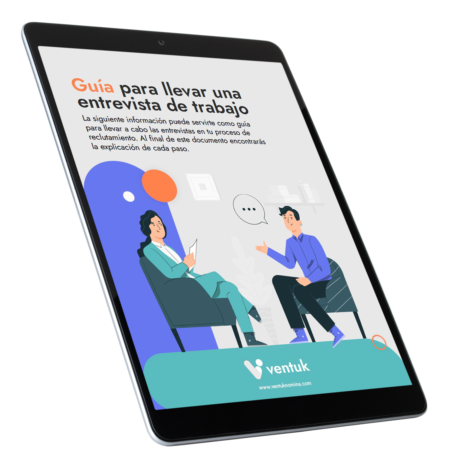 Pantalla de un teléfono móvil que muestra una guía para entrevistas de trabajo, con ilustraciones de dos personas en una entrevista y texto explicativo en español. Incluye el logo de ventuk y su sitio web www.ventuknomina.com.