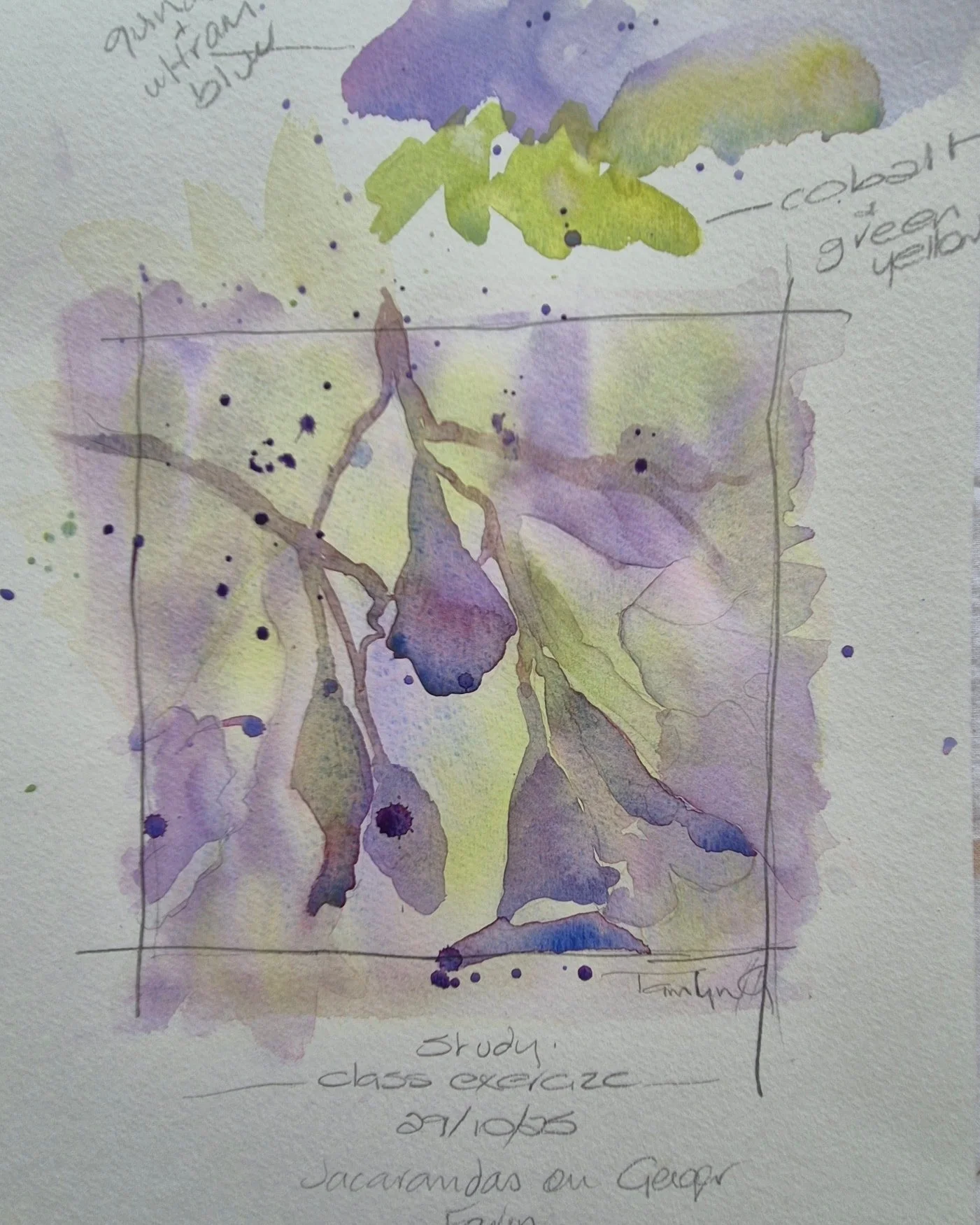 Classes today: We were  looking out over the Jacaranda s....Just beautiful! So we decided to mix our colors and do small studies with some negative painting also. #colour #nature #studio #art #artsqueensland #artwork #Australiannatives #AustralianArt