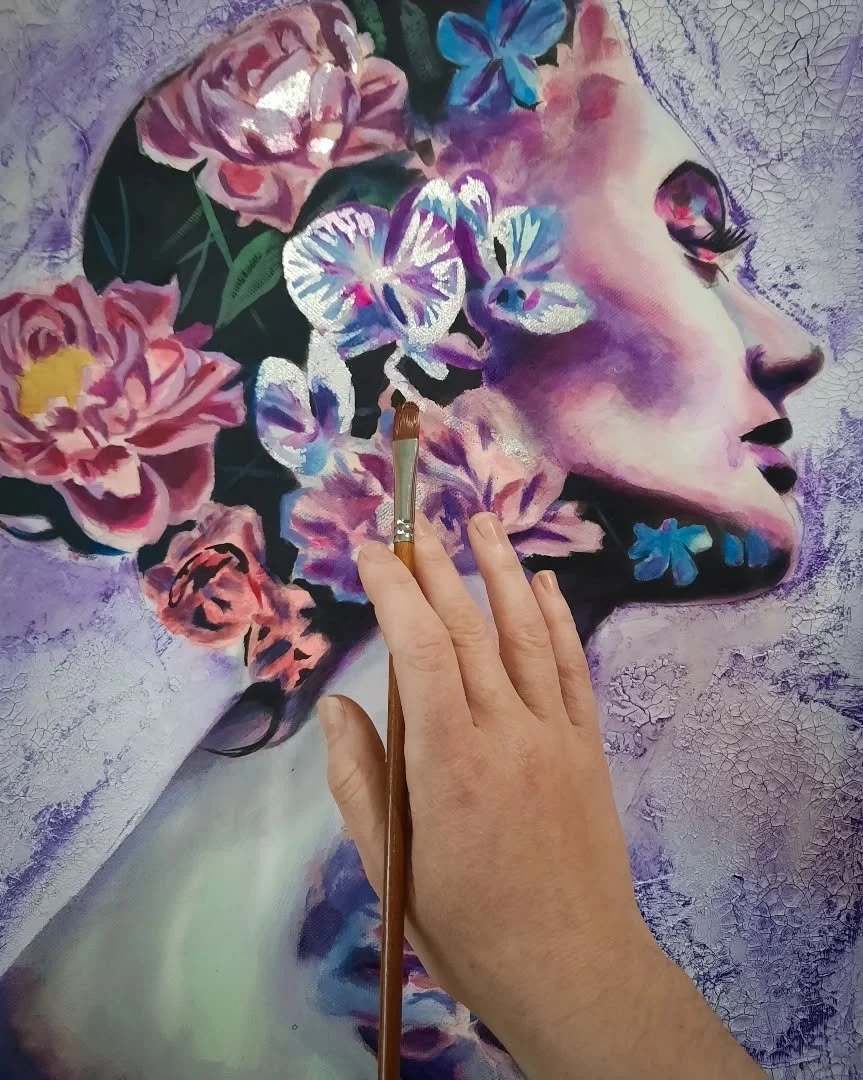 In the depths of colour, a story emerges. . . 

Making progress on my new painting &quot;Opulence&quot; 
What do you think? 💜

#workinprogress #mixedmedia #paintingprocess #painting #purple #portraitart #flowers #floralart #orchids #expressiveart #P