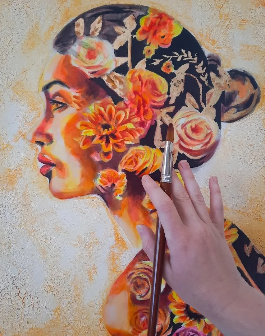 Slowly coming together on this piece, &quot;Radiance&quot;. I love working with bright, juicy yellow and orange tones. 

#workinprogress #paintingprocess #painting #mixedmedia #limitedpalette #yellow #sunflowers #flowers #bloom #poeticart #portraitar