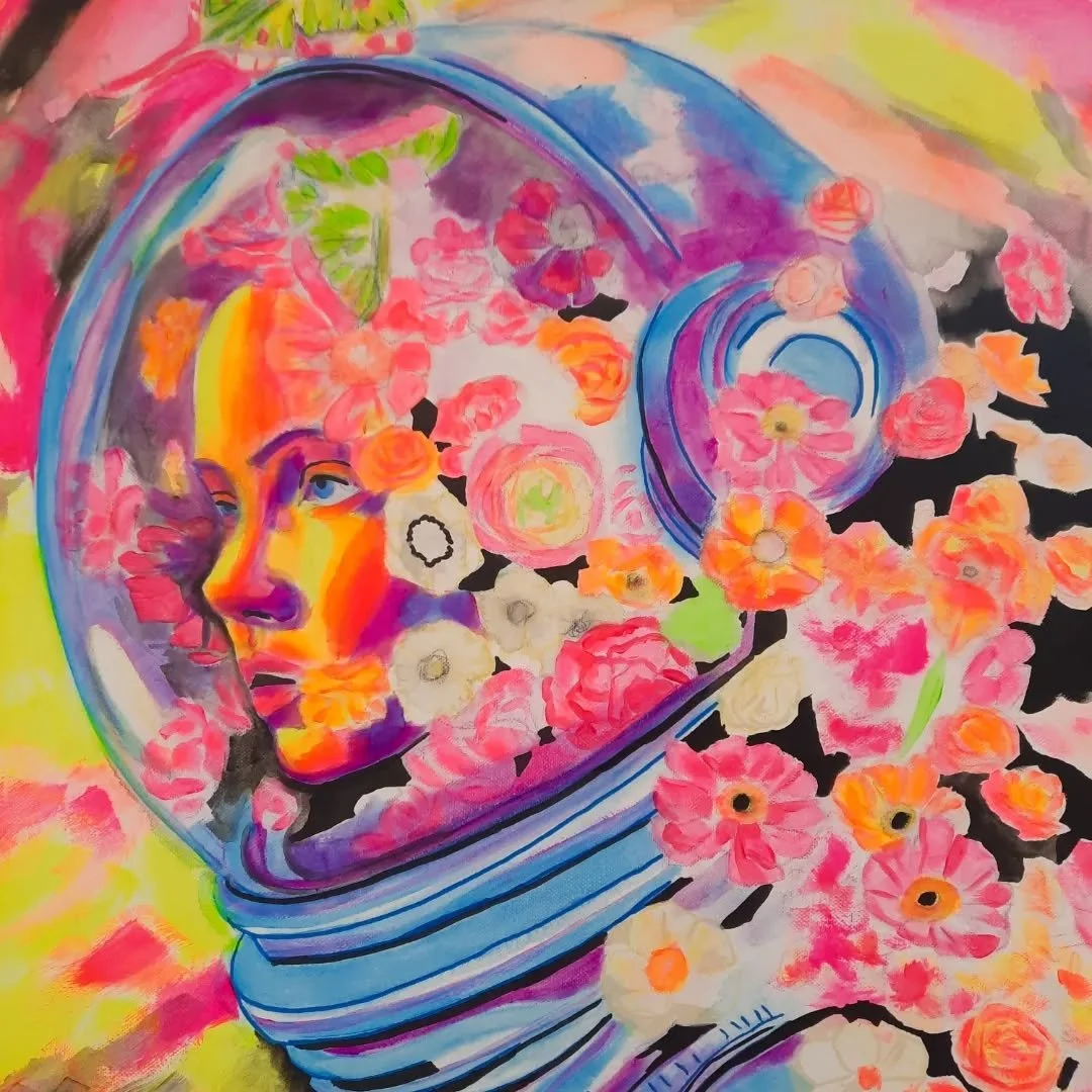 The art &gt; the supplies. 
Neon underpainting in progress. Having so much fun with the colours in this piece.
What do you think? 

#fluorescent #portrait #portraitart #surrealart #whimsicalart #underpainting #workinprogress #mixedmedia #lightpaintin
