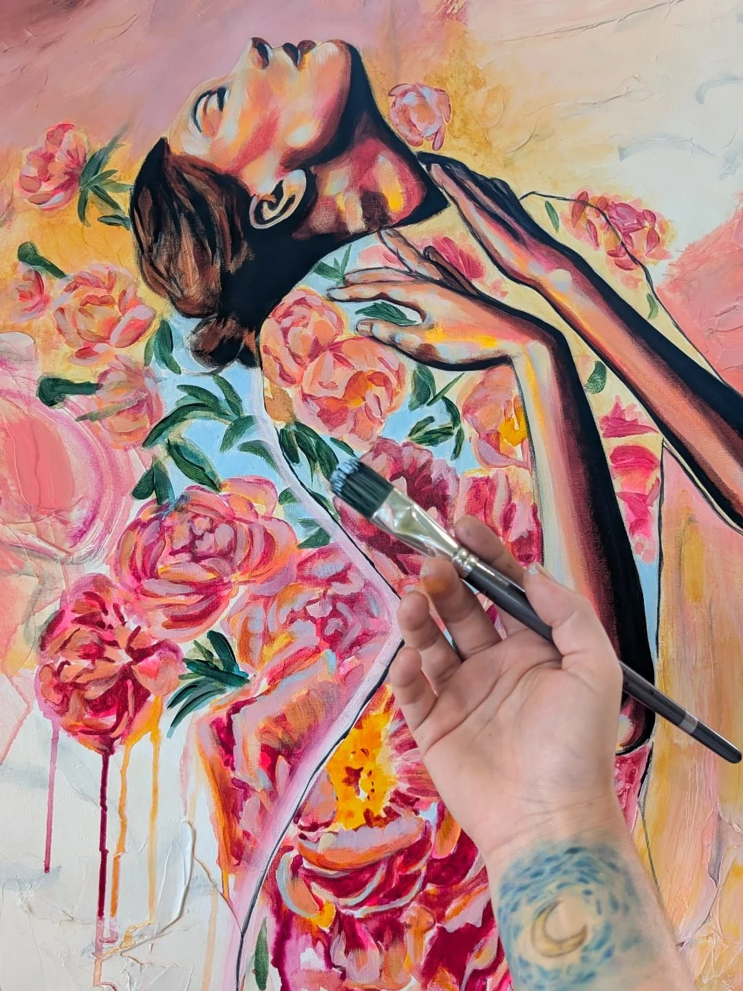 What's on the easel? 

She's becoming clearer every day, layer by gentle layer. 🌹

It's been such a wet few days that even my acrylic paint has struggled to dry. I've basically been working alla prima  at this stage, willing my paint to dry. Here ho