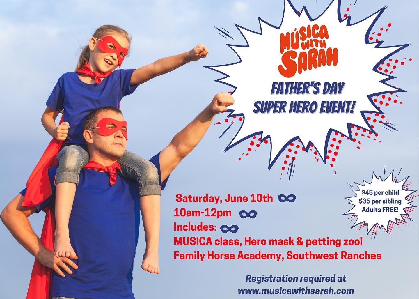 ‼️CALLING ALL SUPERHEROES‼️

Join us Saturday, June 10th while we 🎉celebrate all the 🦸&zwj;♂️SUPER male figures in our lives at the farm! 🎟️Admission includes 🎶MUSICA class, 🦸super hero mask &amp; 🐴petting zoo! 

REGISTER AT MUSICAWITHSARAH.COM