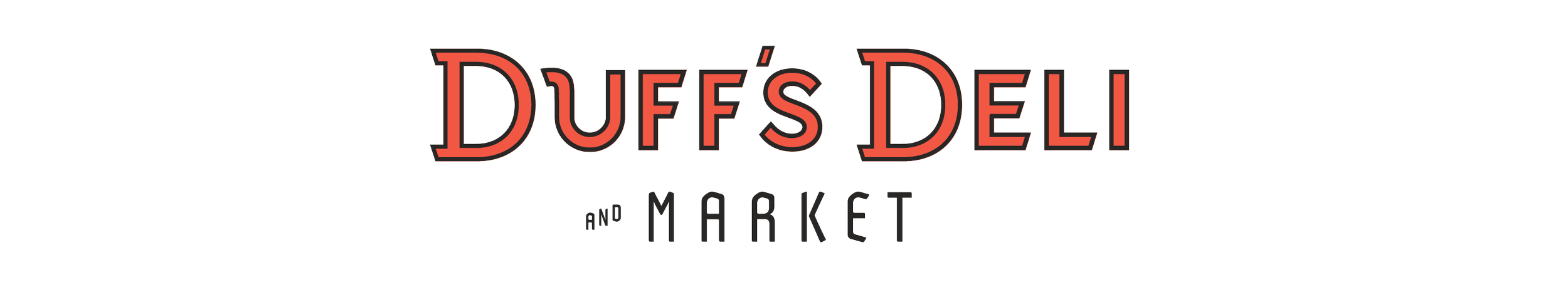 Logo for Duffs Deli and Market in black, red, and gray text.