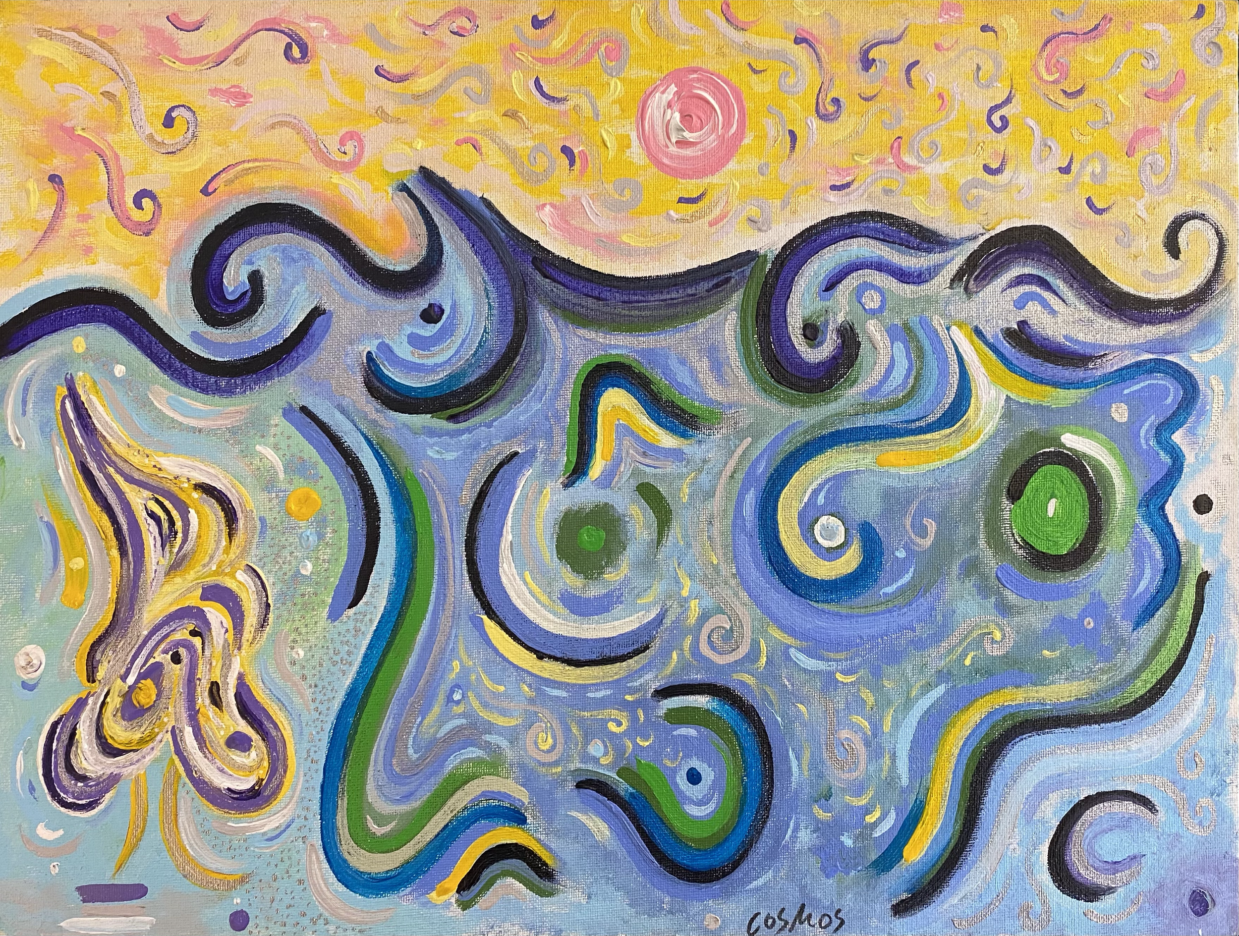 PINK SUN & YELLOW TREE
- Acrylic on canvas panel 12" x 16"