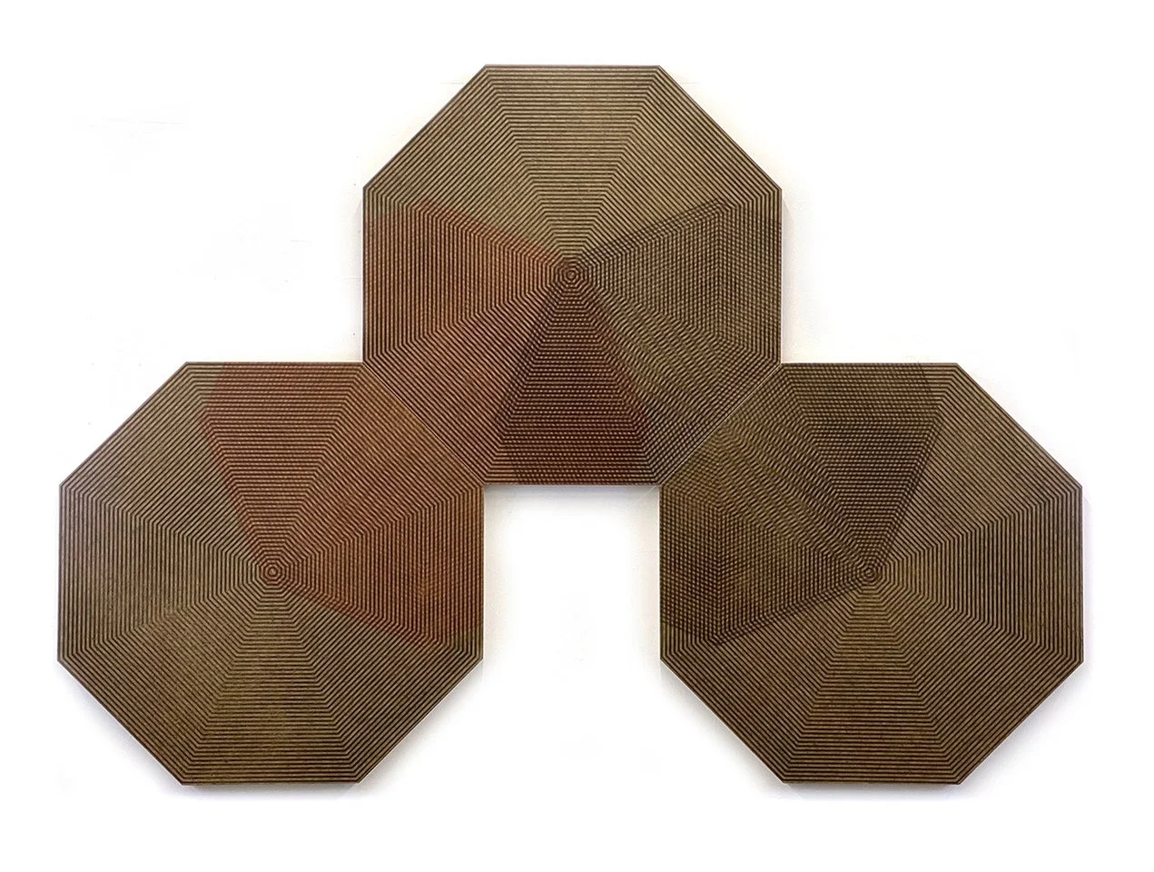 WEB Carrie Ann Plank, Elemental Lattices Octagon Triad Form, Ink, acrylic, and tarpaper on shaped panel, 87_ x 62_, $12,000.jpeg