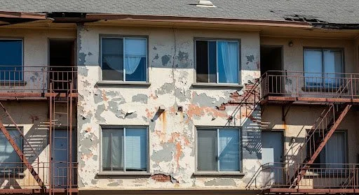 Sacramento apartment building with rusty fire escapes and peeling external paint receivership