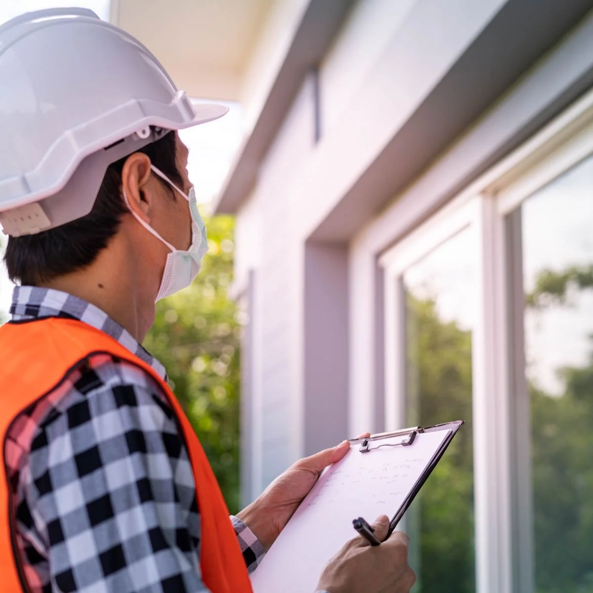 Man in white hard hat and orange safety vest with clipboard looking at mold in Sacramento apartment