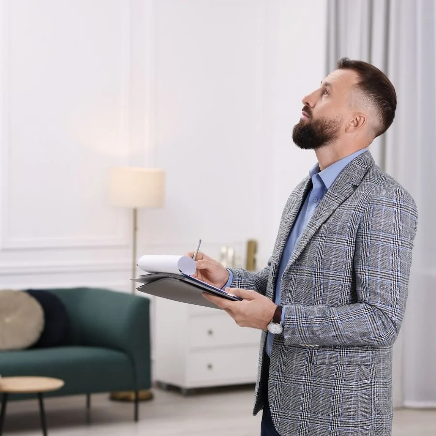 Bearded man in grey plaid suit with watch on left hand writing on paper on clipboard