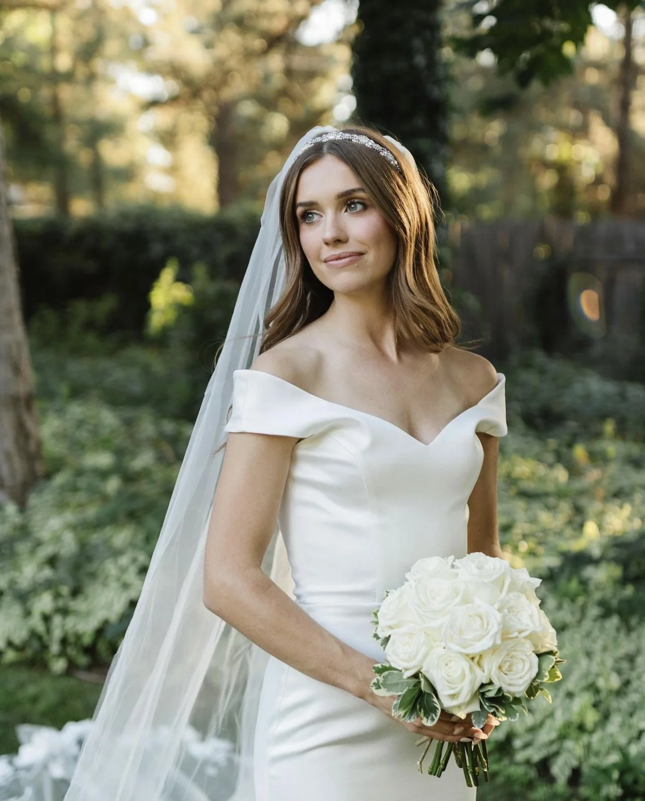 A young woman in a white wedding dress holding a bouquet of white roses, standing outdoors in a wooded area during daylight.