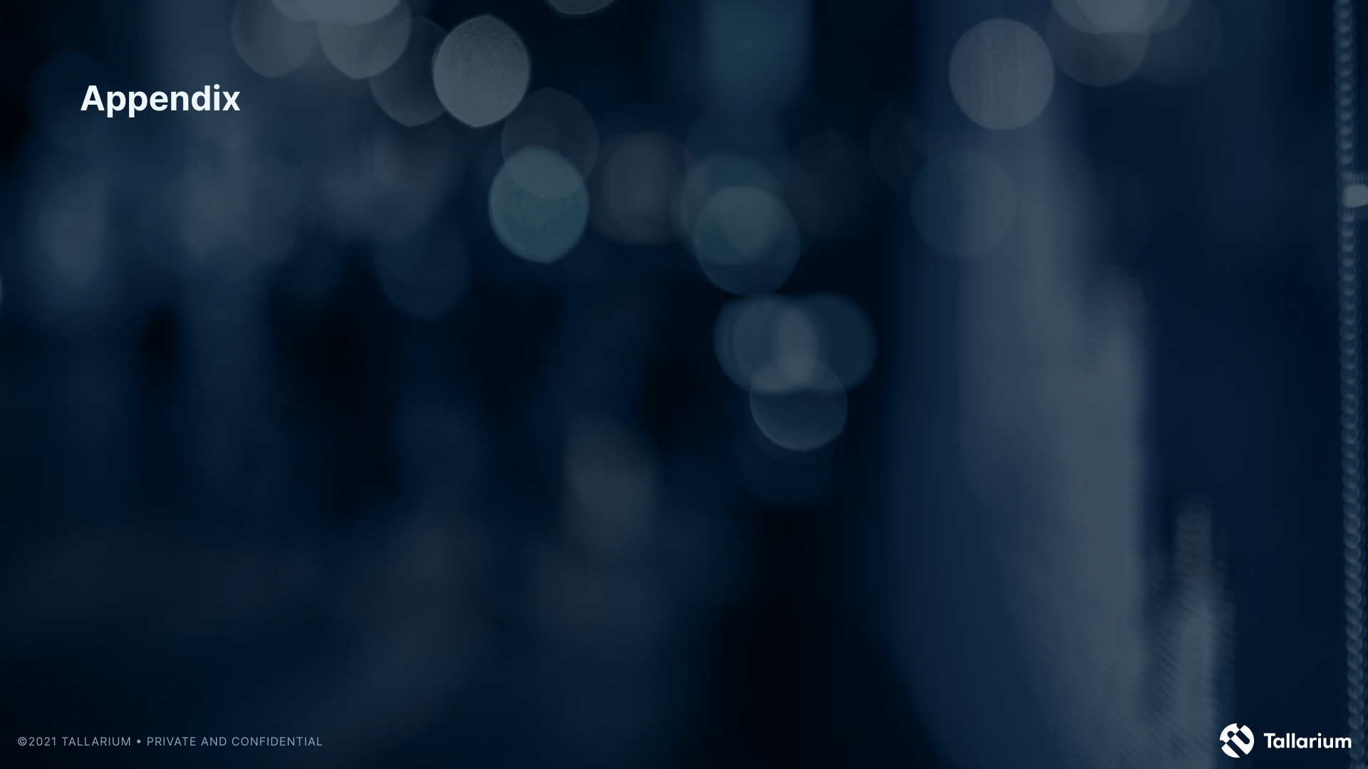 Blurred dark background with bokeh light effects and a faint vertical stripe pattern, titled 'Appendix' with a Tallarium logo in the bottom right corner.