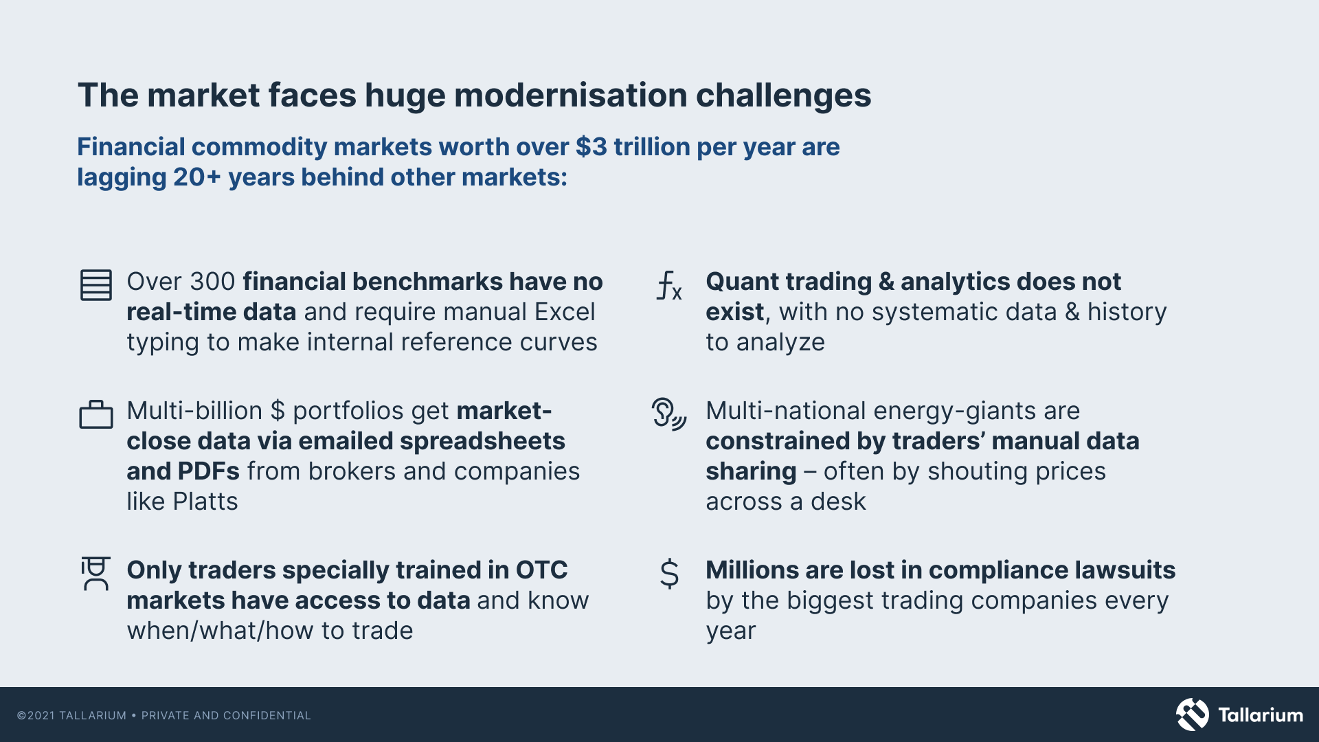A presentation slide titled 'The market faces huge modernisation challenges' discussing issues in financial commodity markets, including lack of real-time data, manual Excel processes, and legal compliance challenges, with the Tallarium logo at the b