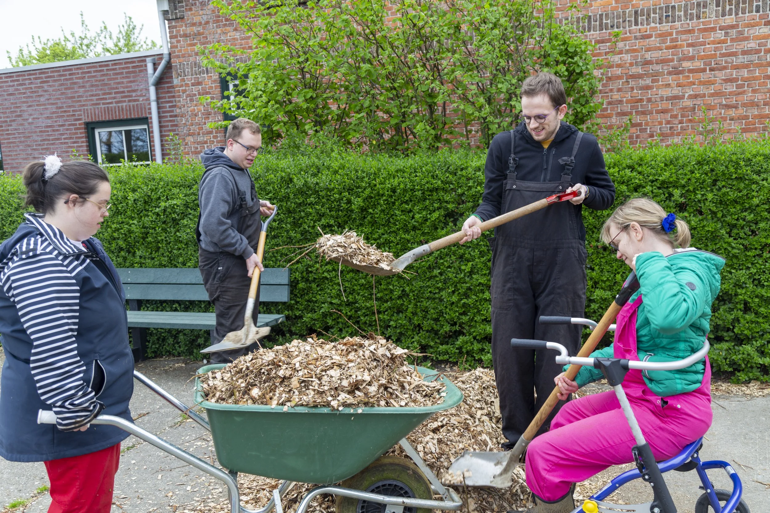 Mensen verzamelen bladeren met een schop en een hark, de bladeren worden in een groene tuinklikooi op een weg naast een bosrijke tuin, onder een boom met groene bladeren, bij een bakstenen gebouw.