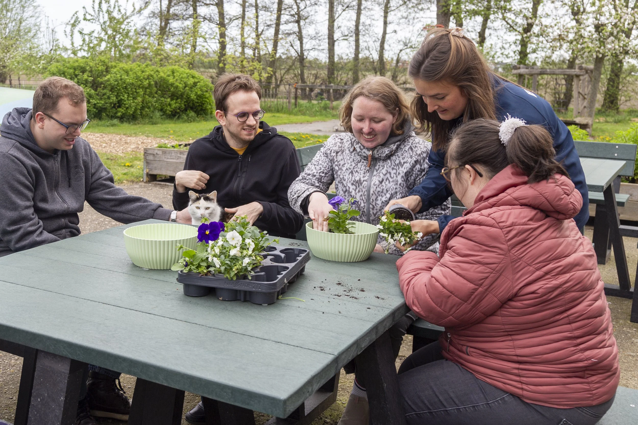 Vijf mensen planten bloemen in potten op een buitentafel, met een kat erbij, op een groene tafel in een tuin.