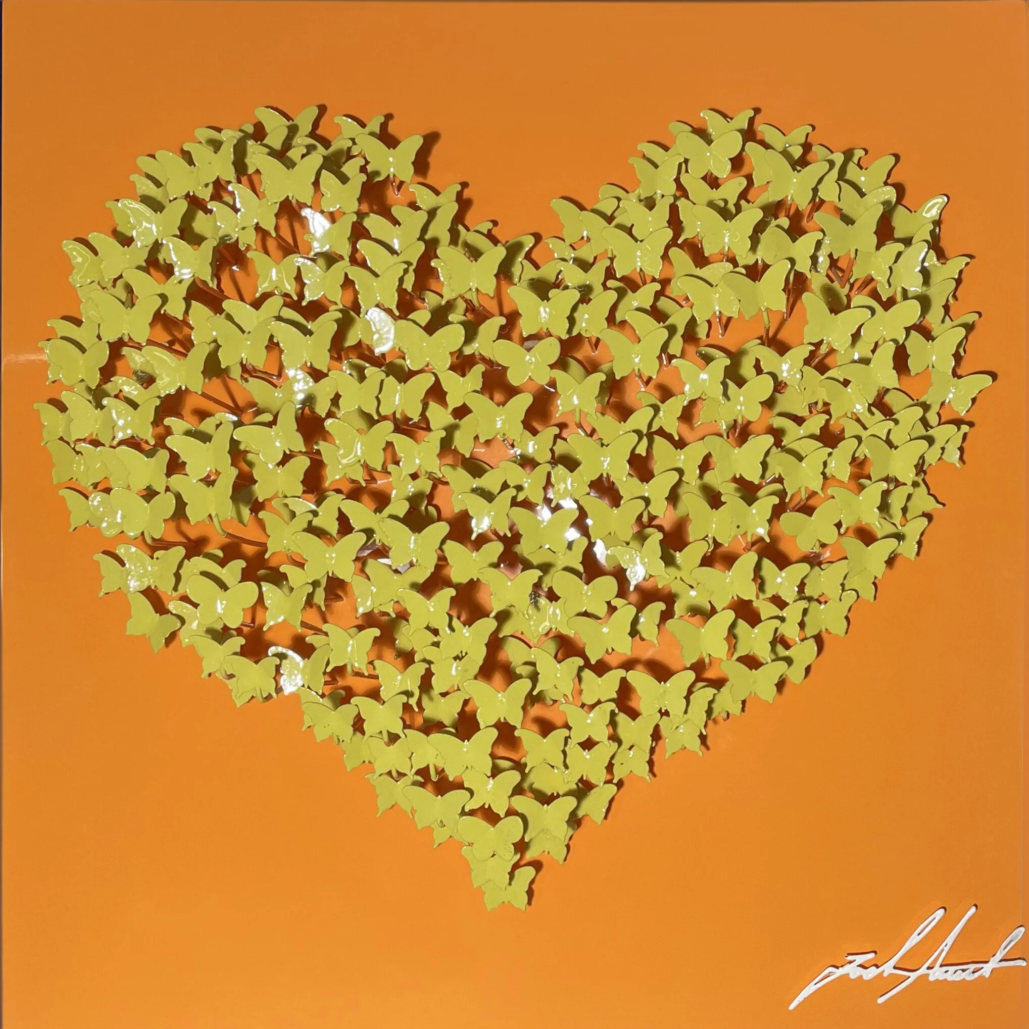 Flying Love, 50x50 , Yellow on orange background, butterflies, heart.jpg