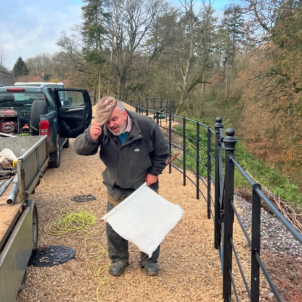 The beaters are in our back garden flushing the birds for a shoot and lovely Sam our ground worker was beating the new fence line.