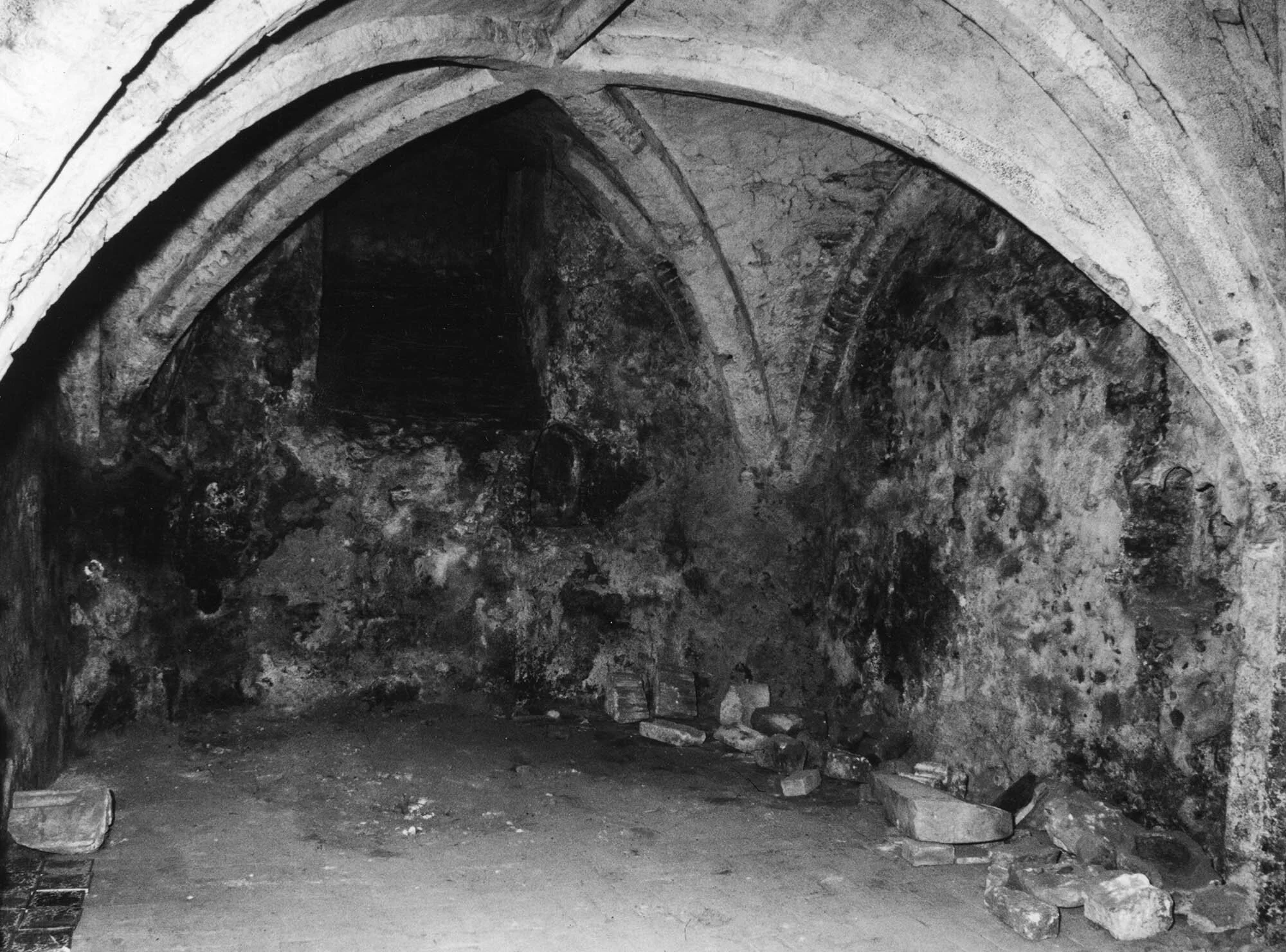 The vaulting on the Medieval crypt under the Music Room. The oldest part of a complex of cellars under the building.IW collection.