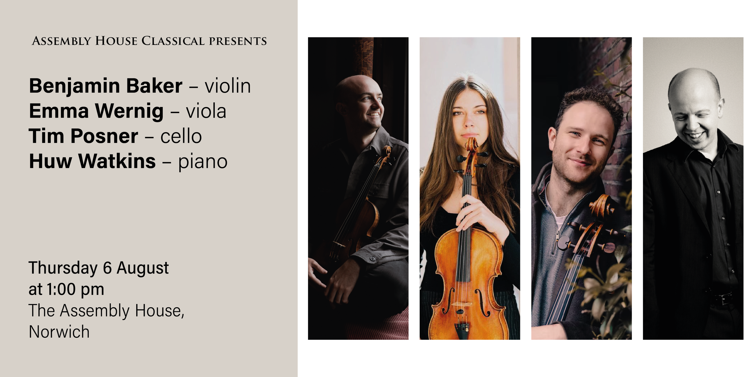 Benjamin Baker – violin, Emma Wernig – viola, Tim Posner – cello, Huw Watkins – piano