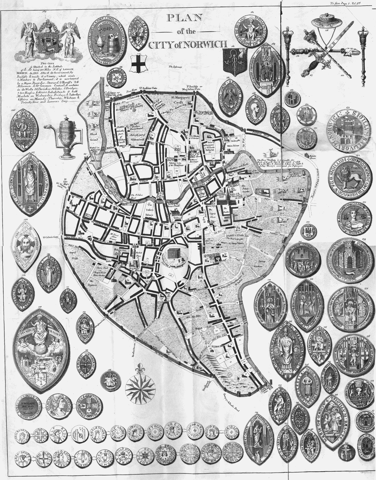 From Blomefield 1806. ‘Plan of the City of Norwich’. A retrospective map. The site is marked as Chapel Field House and Cherry Yard and Chapel Field House and Garden. What is marked as site 67 is titled ‘The college of St Mary, now called Chapel-Field