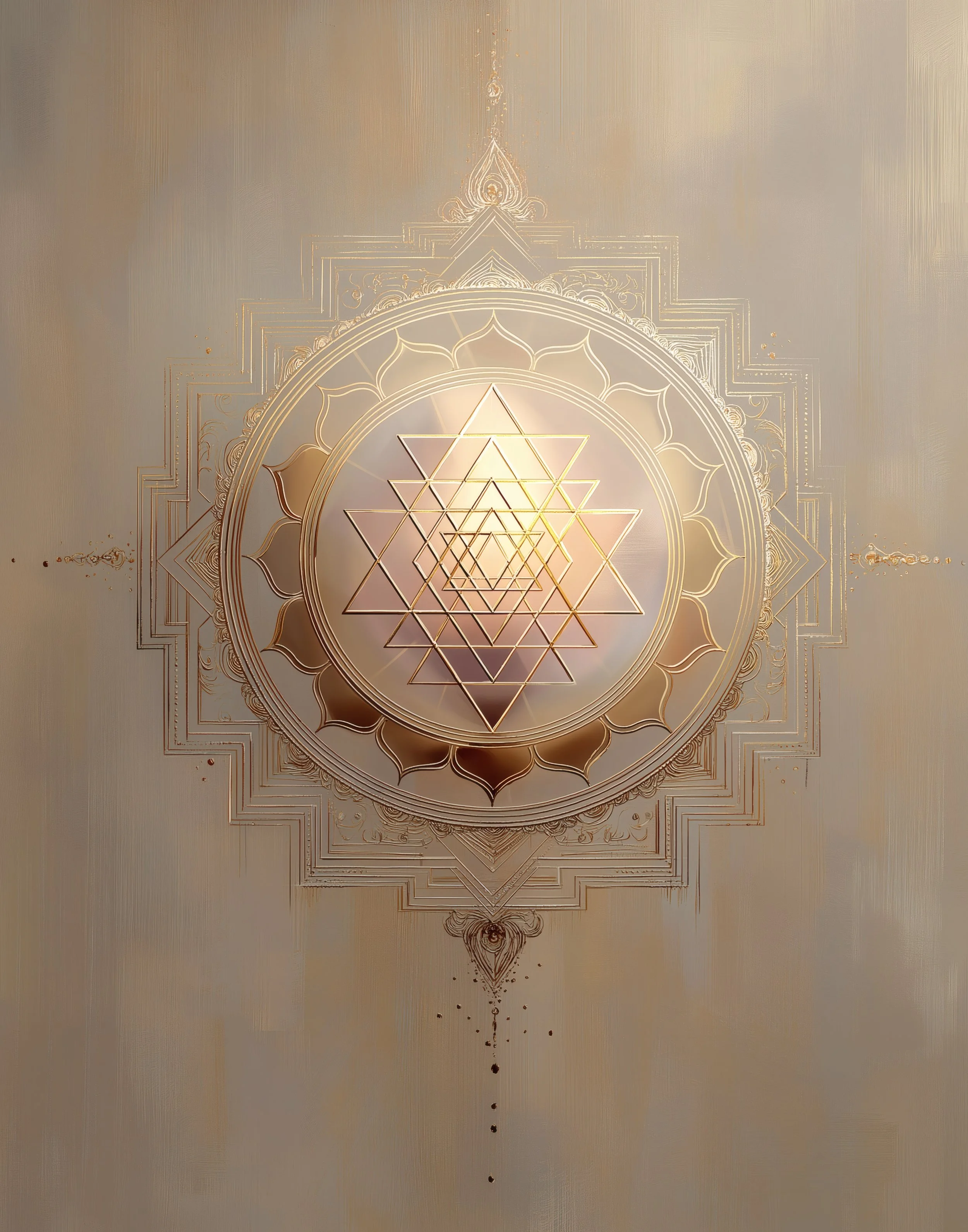 An intricate geometric design featuring nested triangles forming a star, surrounded by ornate patterns and lines in gold on a beige background.