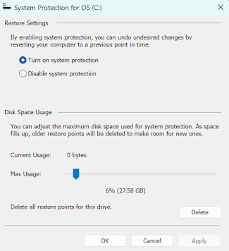 setting size for windows system protection