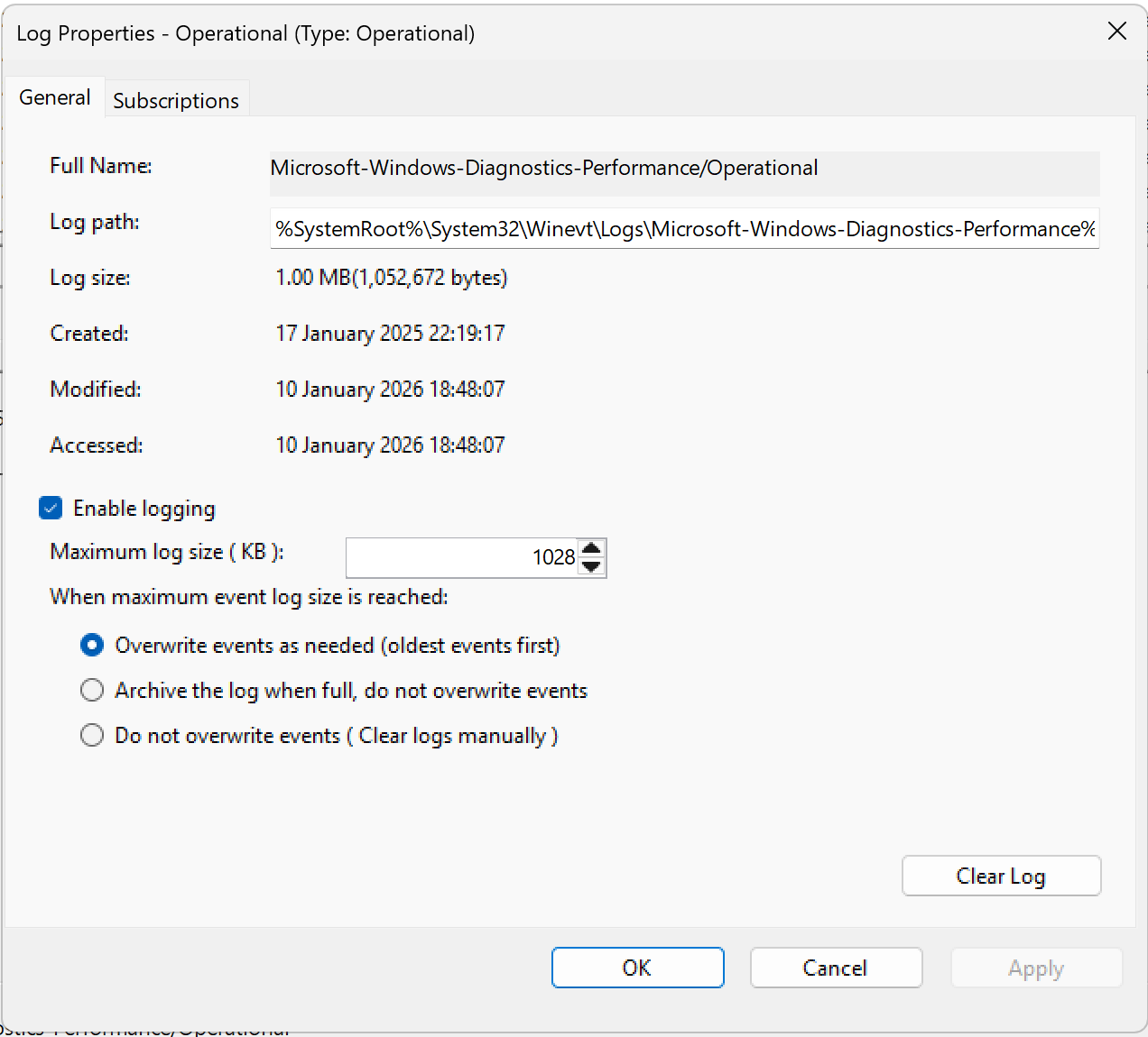 Event Viewer Boot starup properties