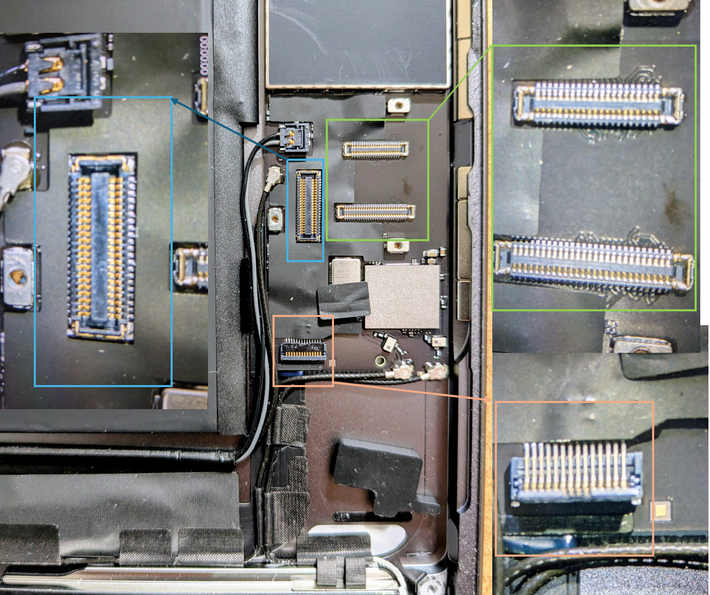 IPAD zoom in view of connector for touch , LCD and home button