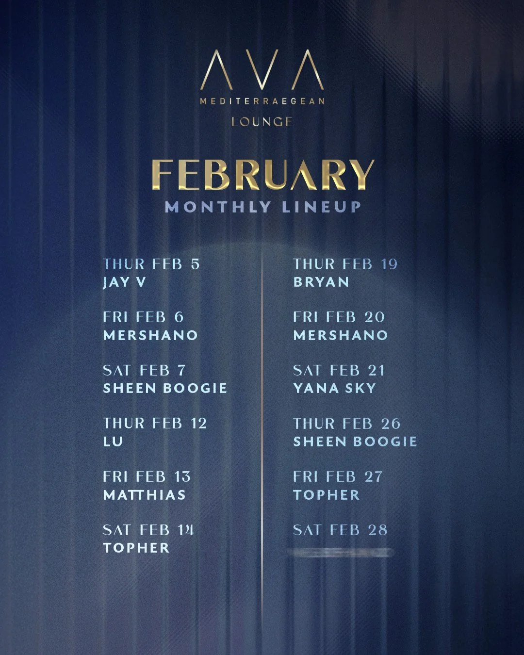 From Thursday to Saturday, AVA MM transforms into AVA Lounge, an elevated late-night experience, opening its doors from 10 PM until late with a curated DJ lineup, bottle service, and an energetic yet sophisticated ambiance that evolves from crafted c