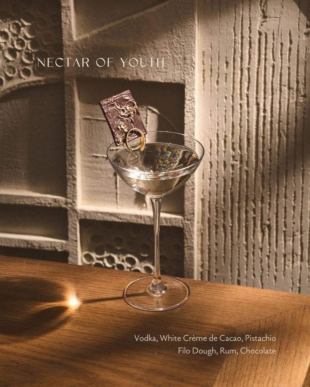 Rich, layered, and indulgent. Join us at AVA Coconut Grove and sip on &lsquo;Nectar of Youth,&rsquo; a blend of vodka, white cr&egrave;me de cacao, pistachio, filo dough, rum, and chocolate. Join us at the bar for elevated sips! 🍸&nbsp;#AVAMediterrA