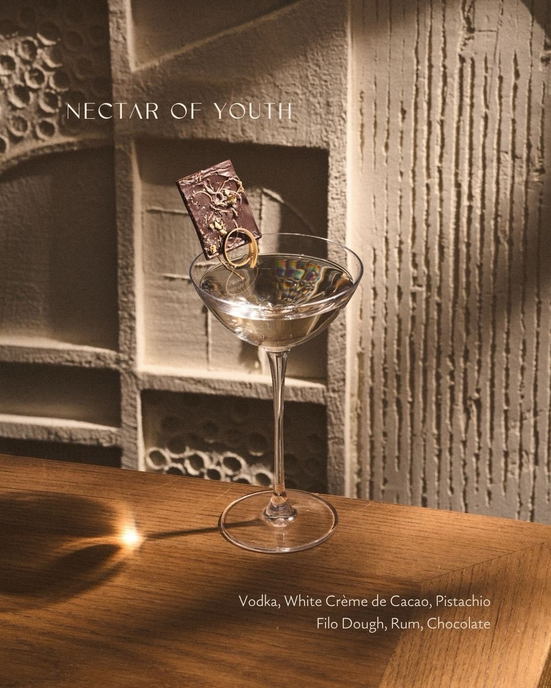 Rich, layered, and indulgent. Join us at AVA Coconut Grove and sip on &lsquo;Nectar of Youth,&rsquo; a blend of vodka, white cr&egrave;me de cacao, pistachio, filo dough, rum, and chocolate. Join us at the bar for elevated sips! 🍸&nbsp;#AVAMediterrA