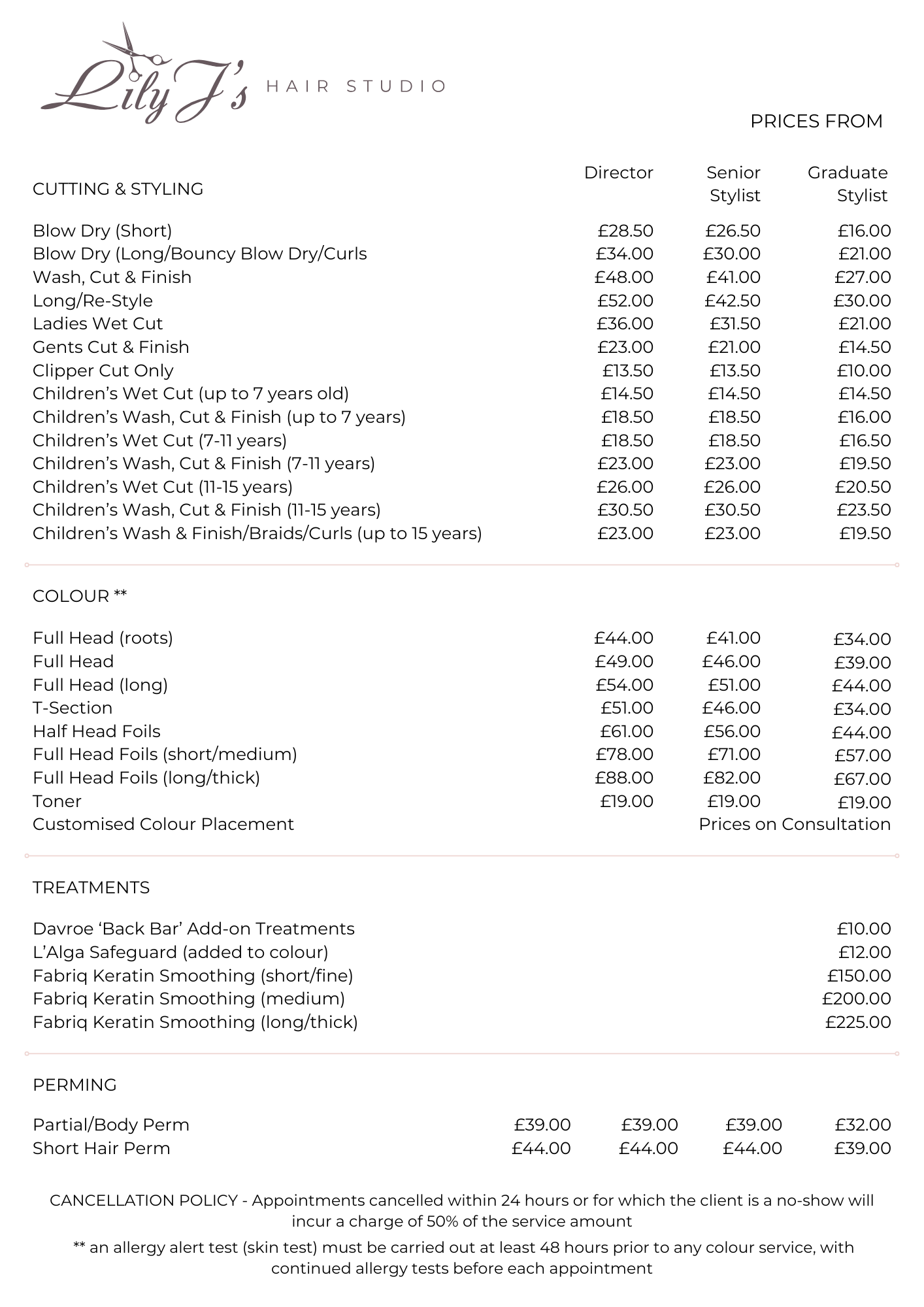 Lily J's Price List - April 2026