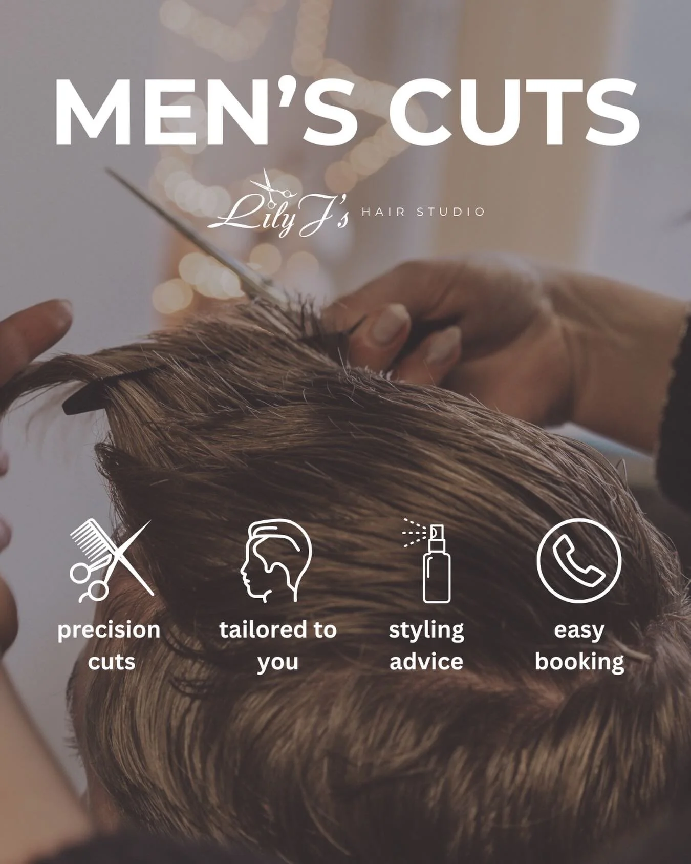 Men&rsquo;s Cuts at Lily J&rsquo;s
Fresh fade, classic trim, tidy-up or complete restyle &mdash; we&rsquo;ve got you covered.
At Lily J&rsquo;s, we offer men&rsquo;s cuts tailored to your style, hair type, and routine, whether you prefer something sh