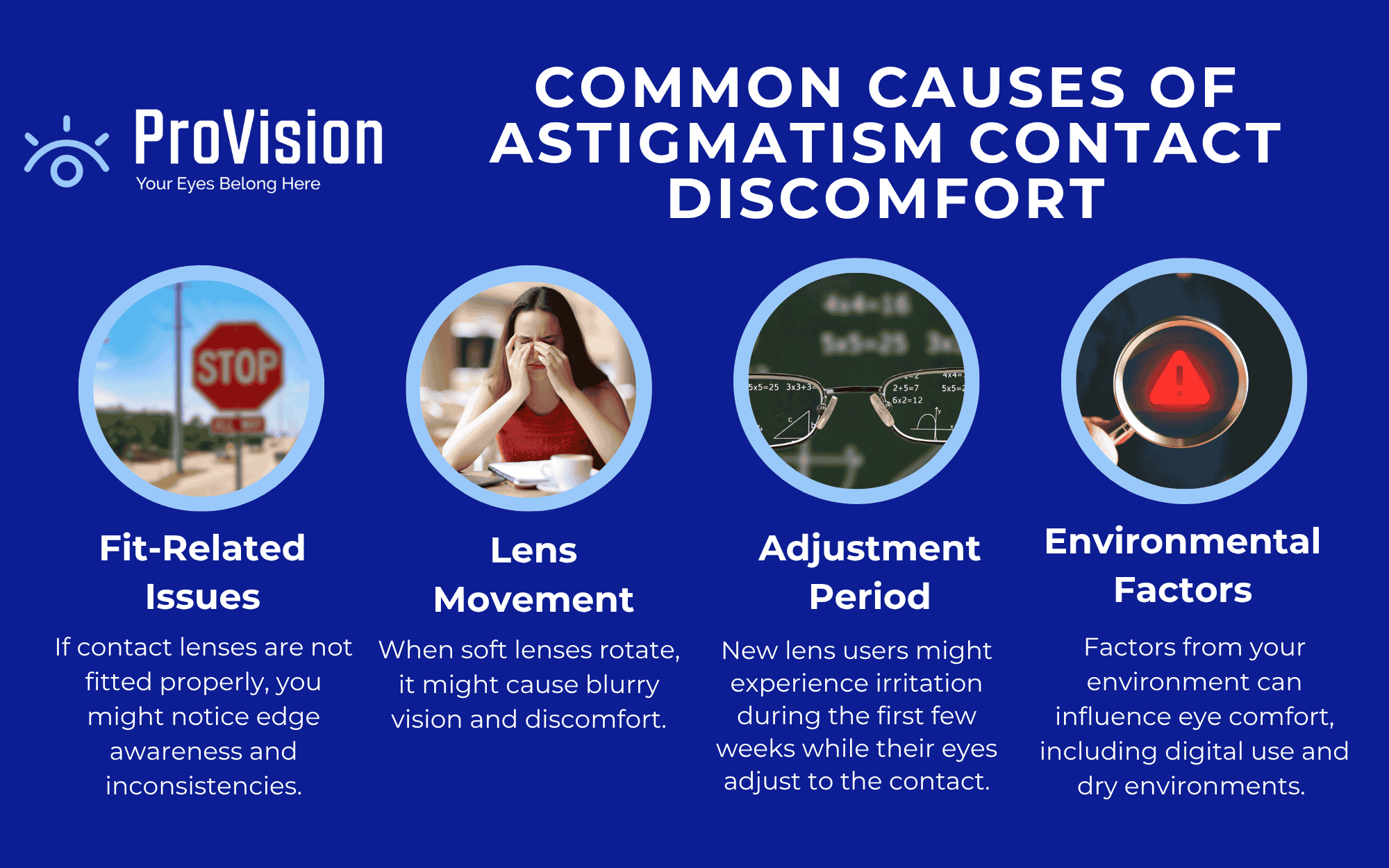 Infographic detailing common causes of astigmatism contact discomfort, including fit-related issues, lens movement, adjustment period, and environmental factors.
