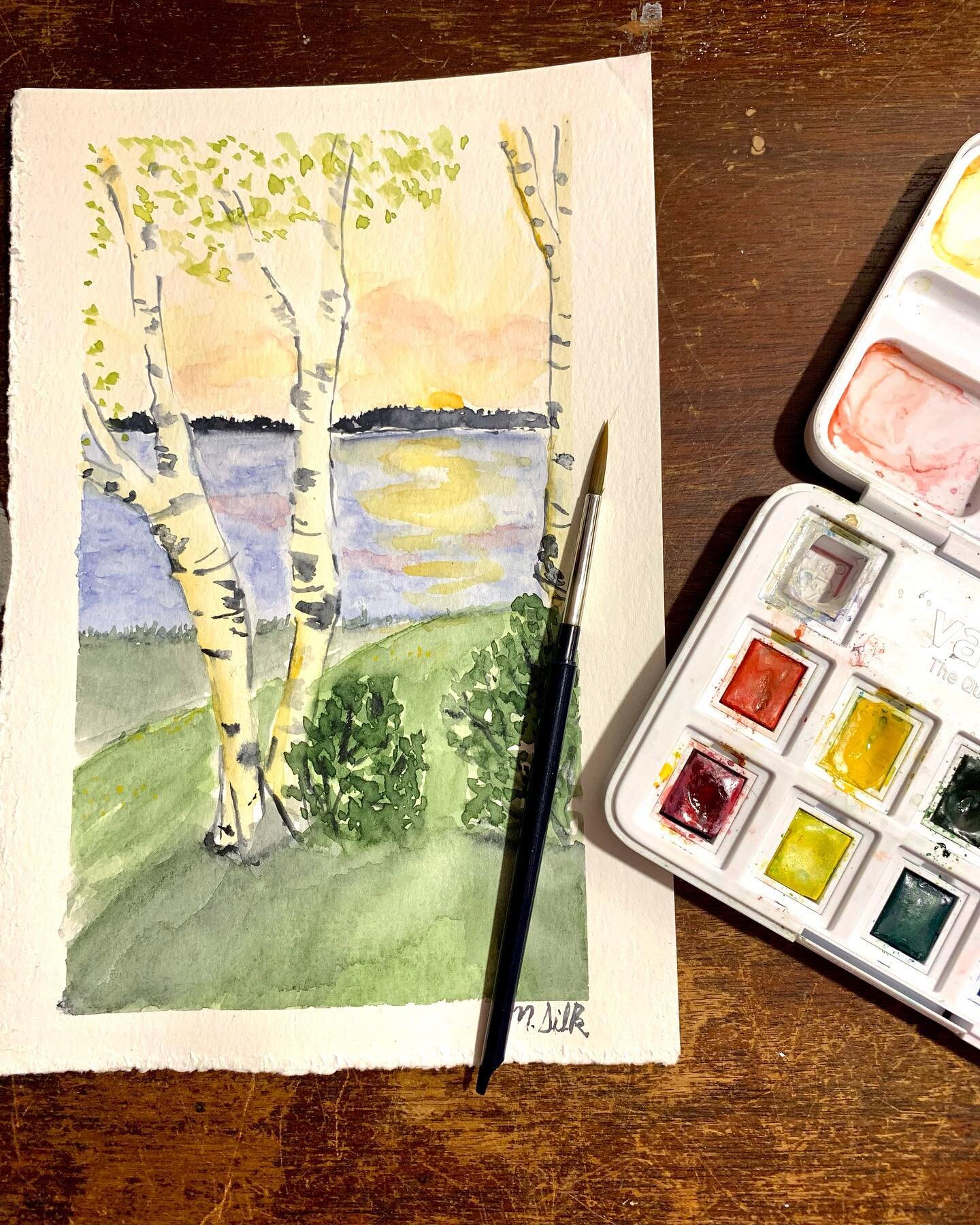 Dreaming of summer with my watercolor sketches ✨🎨 #fentonsillustrations #watercolorsketch #watercolor #illustration #vintagevibes #birchtrees #coastal #sunsetart