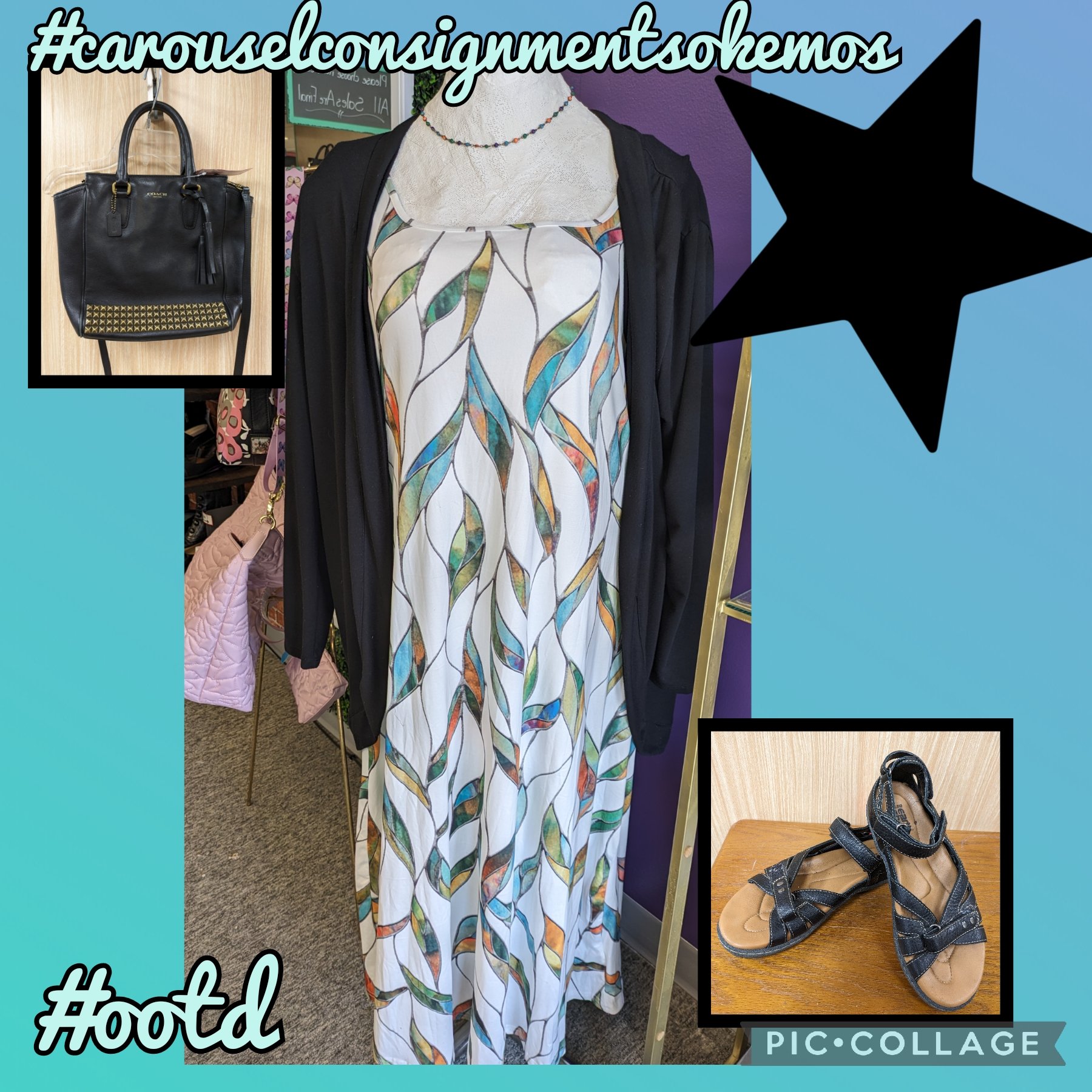 🎋Pretty in Prints🎋
Noracora Maxi Dress Size XXL $14
New York &amp; Co Cardigan Size 2x $15
Necklace $7
Earth Sandals Size 8 $30
Coach Mini Tanner Studded Legacy Crossbody $109
#carouselconsignmentsokemos #shoplocal #shopsmall #shopsmallbusiness #re