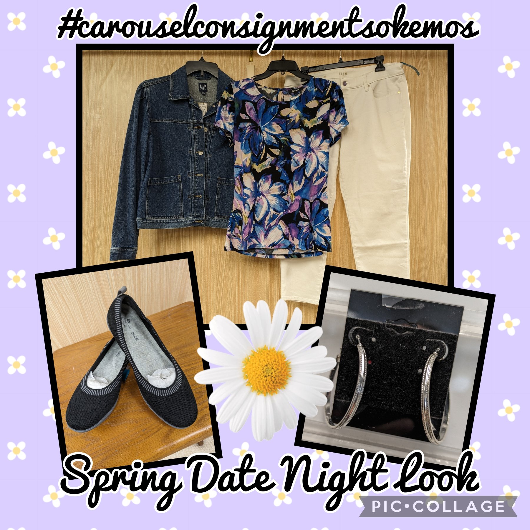💖Spring Date Night💖
DKNY Print Blouse Size Large $10
Gap Denim Jacket Size Large $18
White House Black Market White Jeans Size 12 $24
Clarks Neutral Shoes Size 8 $22
Silver Earrings $6
#carouselconsignmentsokemos #shoplocal #shopsmall #shopsmallbus
